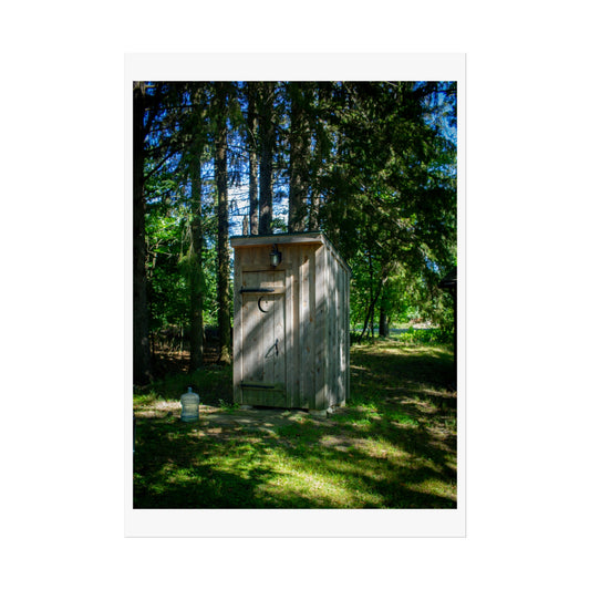 Fine Art Poster — Rustic Outhouse in Sunlit Forest (Vintage Rural Landscape Wall Art)