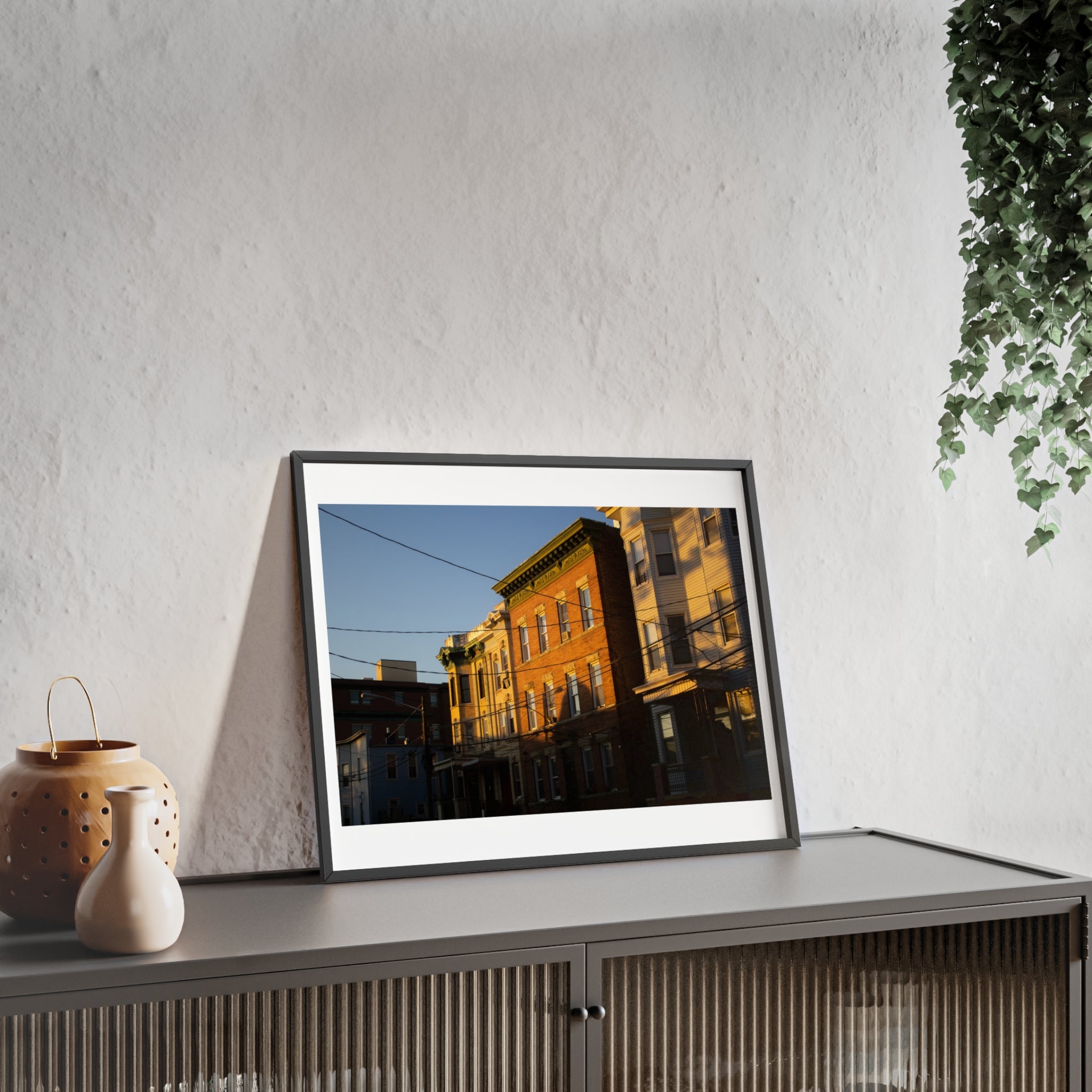Framed Urban Rowhouse Print — Golden Hour City Street Wall Art Poster