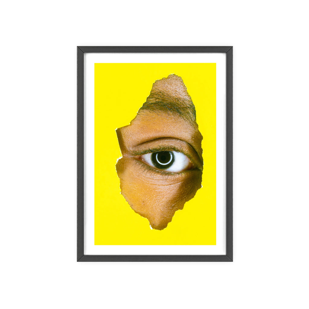Surreal Eye Print Poster with Wooden Frame — Bold Yellow Wall Art