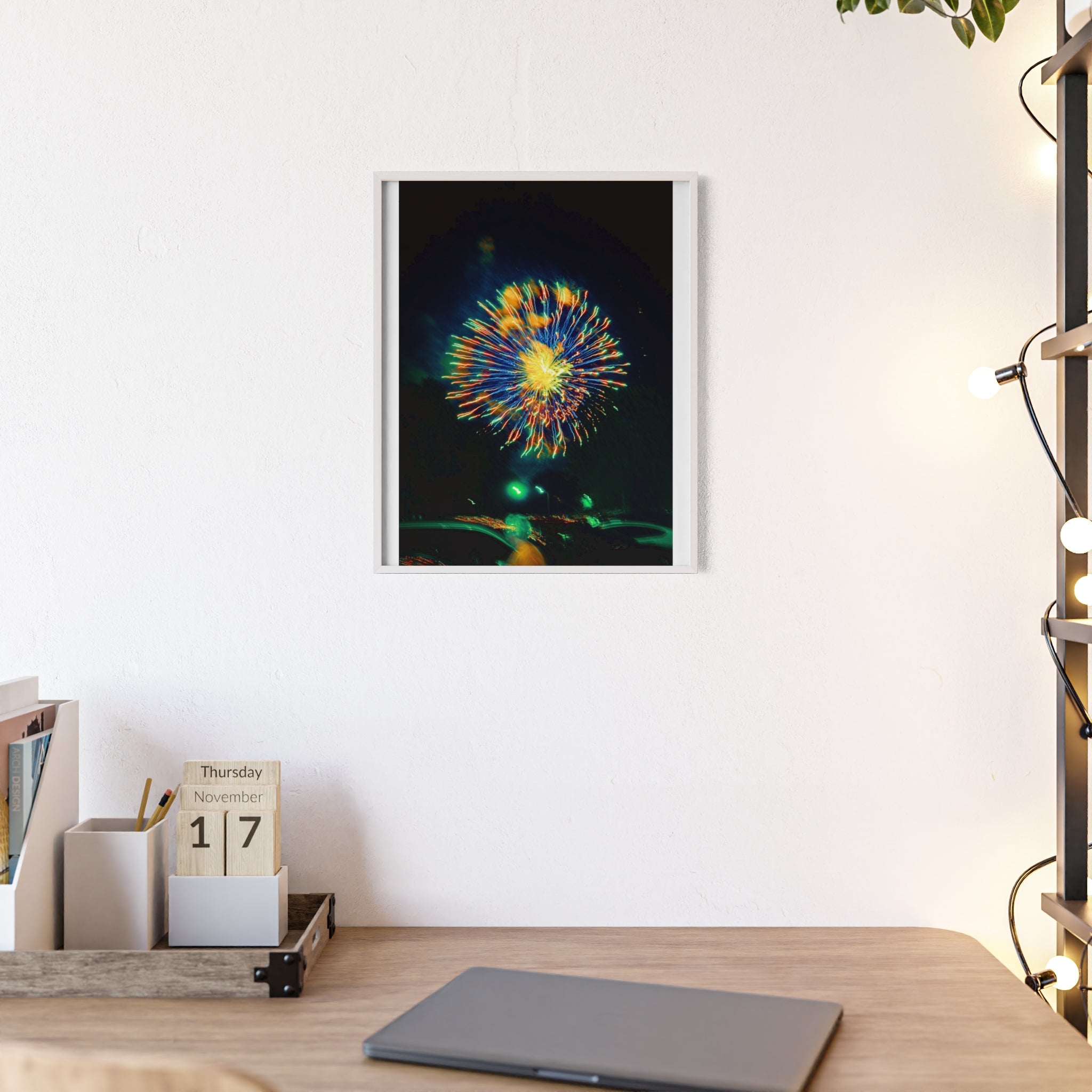Framed Firework Art Print — Colorful Abstract Night Sky Poster with Wooden Frame