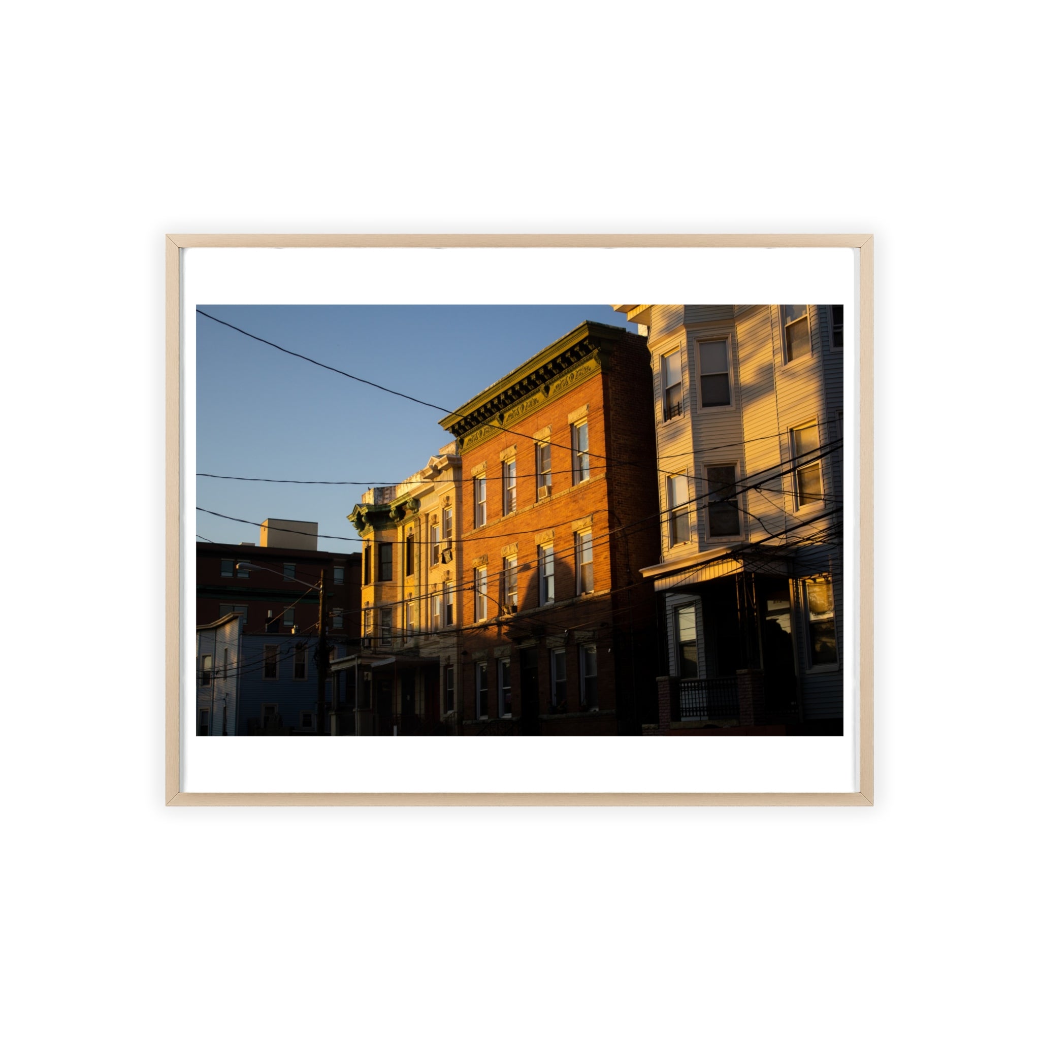 Framed Urban Rowhouse Print — Golden Hour City Street Wall Art Poster