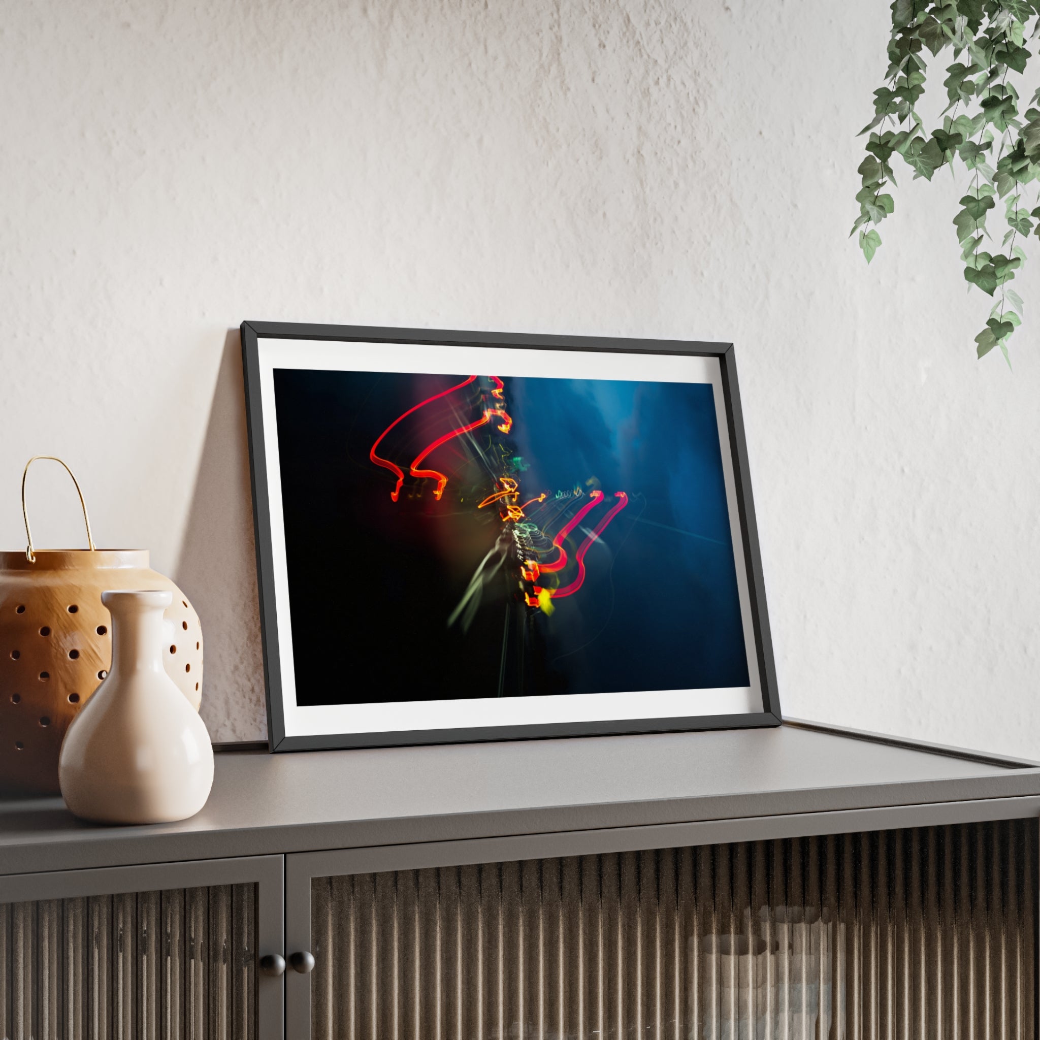 Abstract Light Trail Poster with Wooden Frame — Modern Neon Wall Art