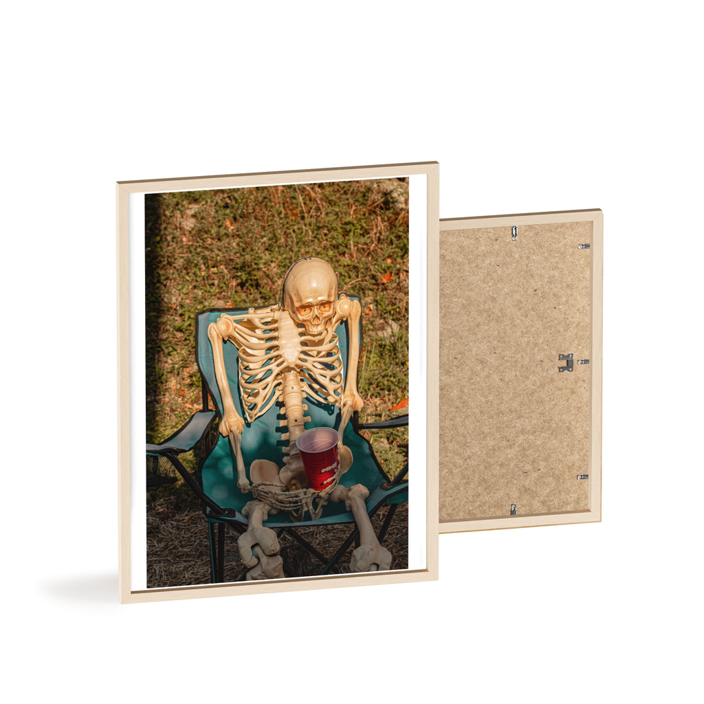 Skeleton Relaxing Poster with Wooden Frame — Funny Halloween Wall Art