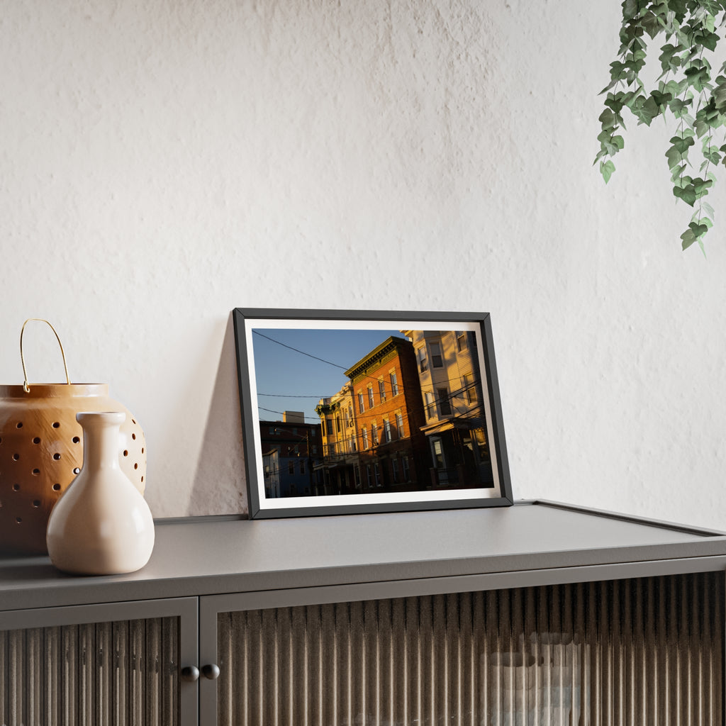 Framed Urban Rowhouse Print — Golden Hour City Street Wall Art Poster
