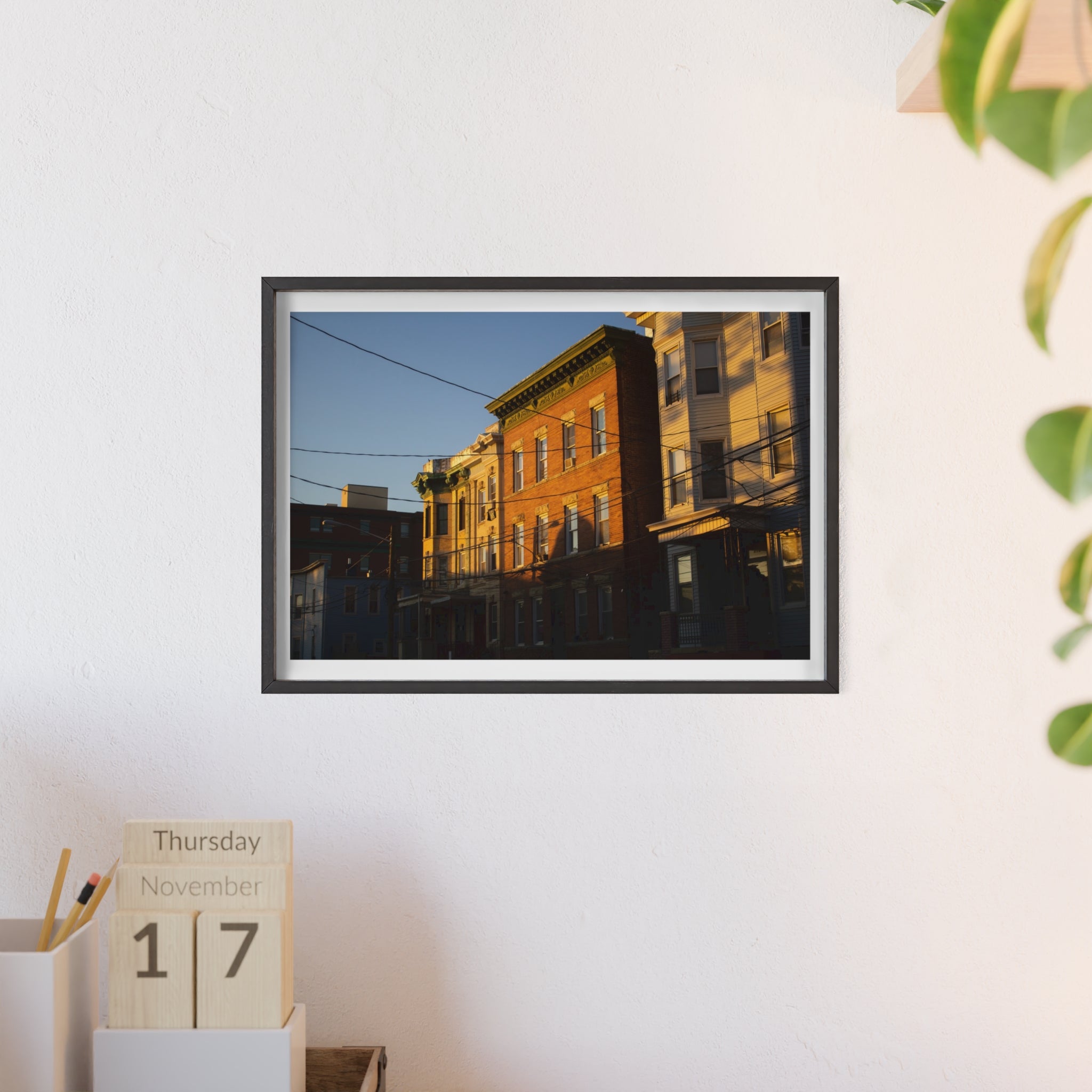 Framed Urban Rowhouse Print — Golden Hour City Street Wall Art Poster