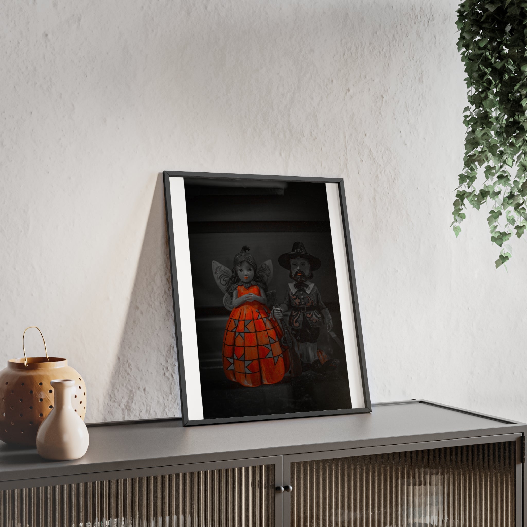 Halloween Doll Poster with Wooden Frame — Orange Pumpkin Dress Décor