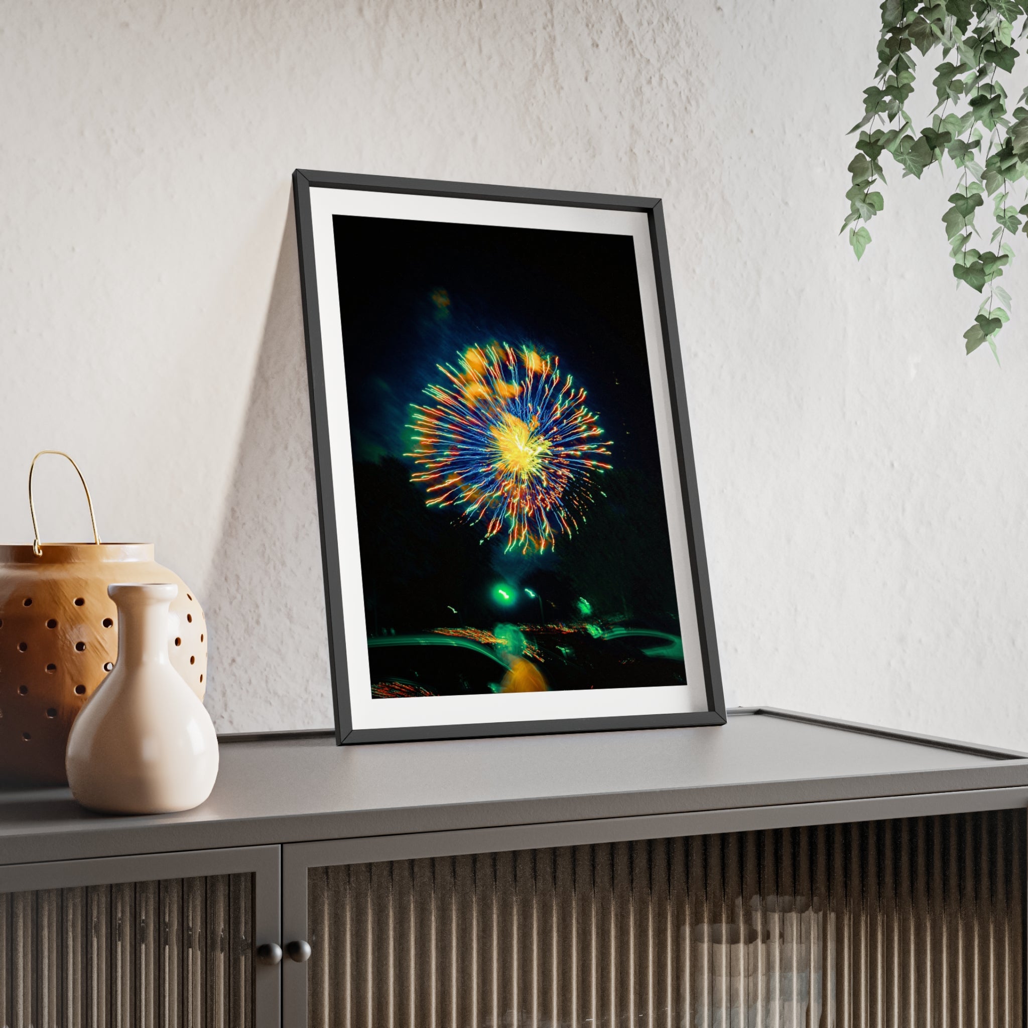 Framed Firework Art Print — Colorful Abstract Night Sky Poster with Wooden Frame
