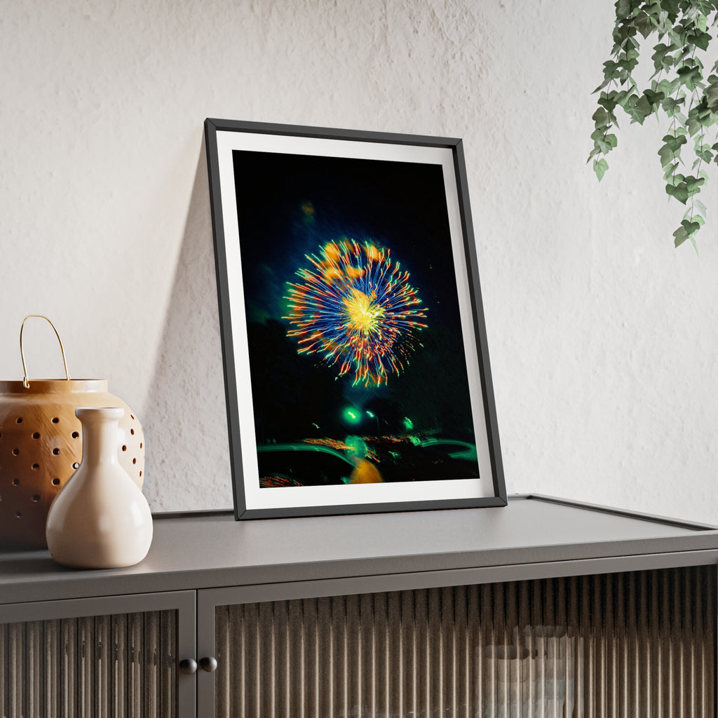 Framed Firework Art Print — Colorful Abstract Night Sky Poster with Wooden Frame