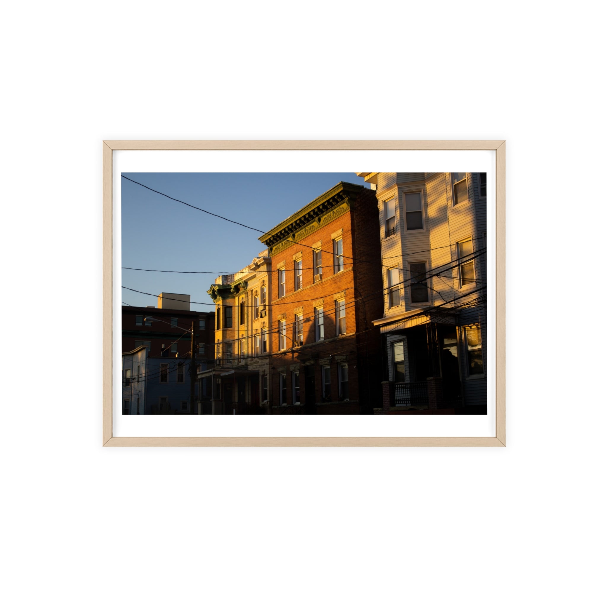 Framed Urban Rowhouse Print — Golden Hour City Street Wall Art Poster