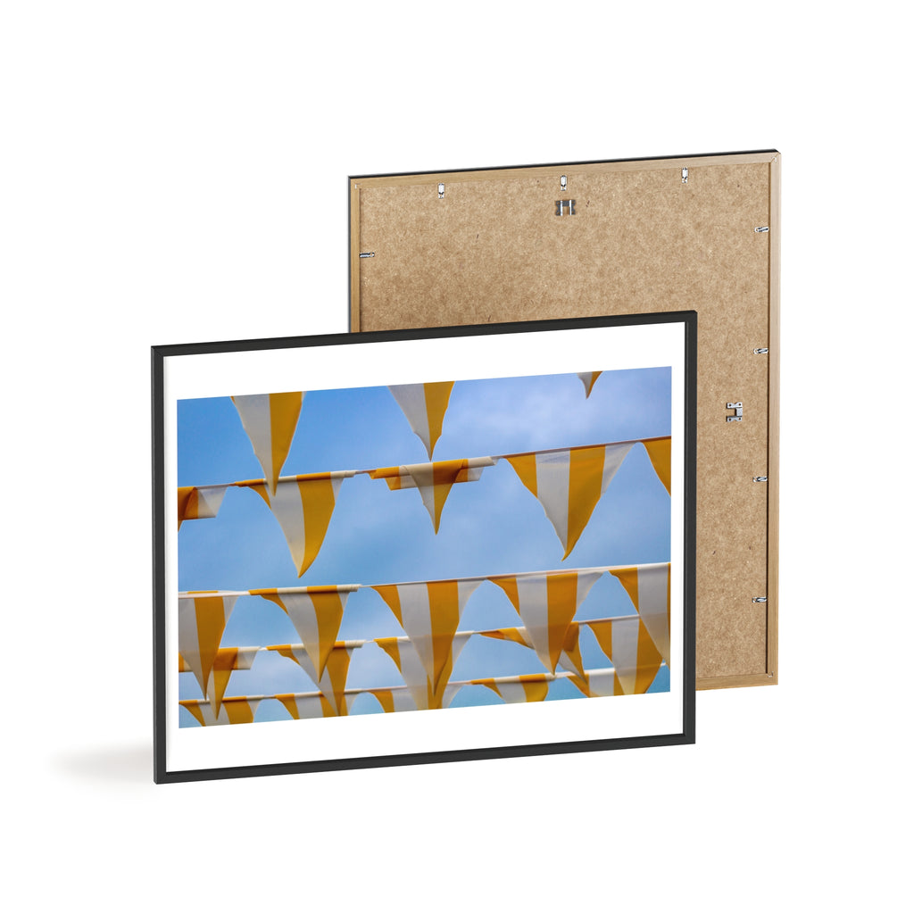 Yellow Bunting Photo Poster with Wooden Frame — Festive Beach Vibes Wall Art