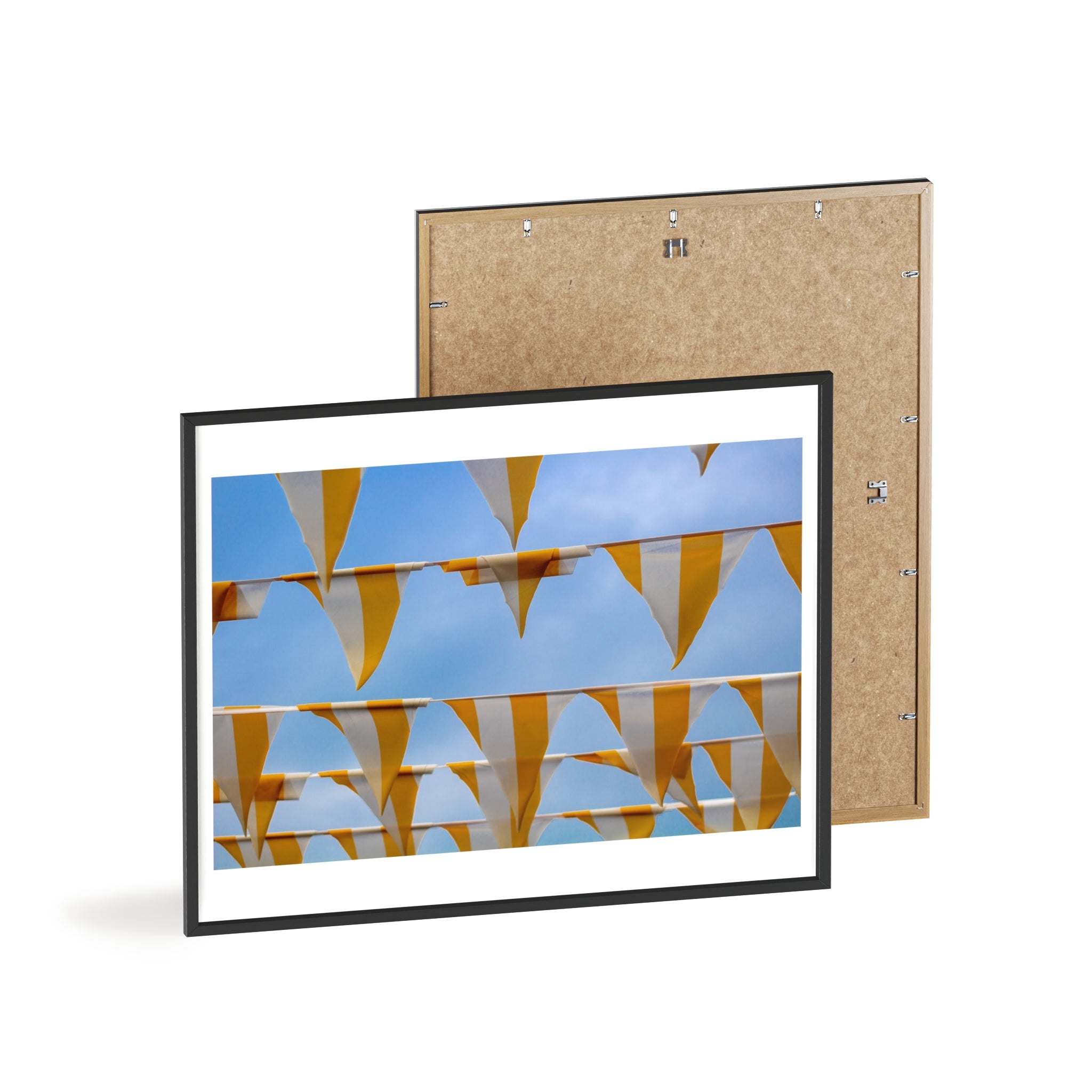 Yellow Bunting Photo Poster with Wooden Frame — Festive Beach Vibes Wall Art