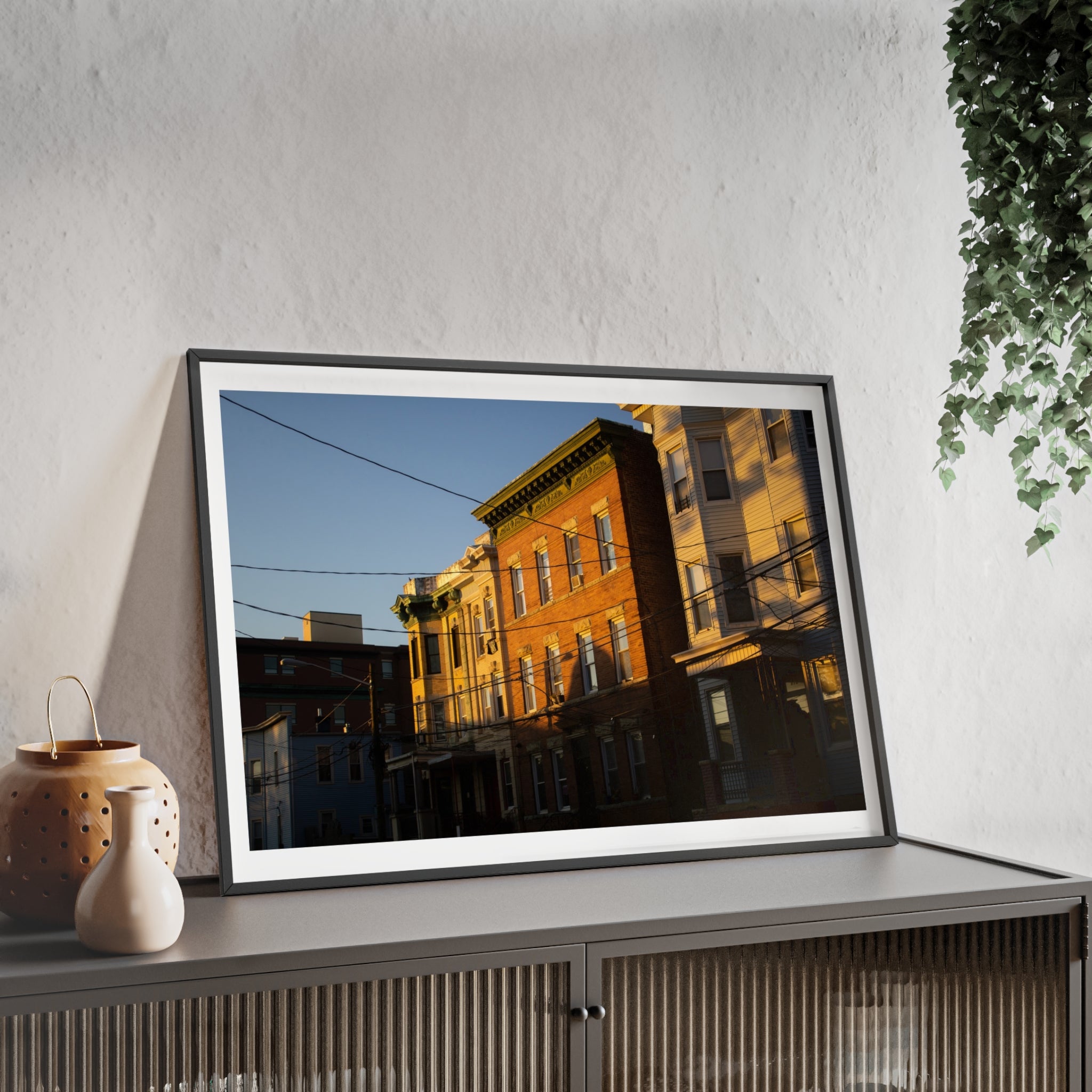 Framed Urban Rowhouse Print — Golden Hour City Street Wall Art Poster
