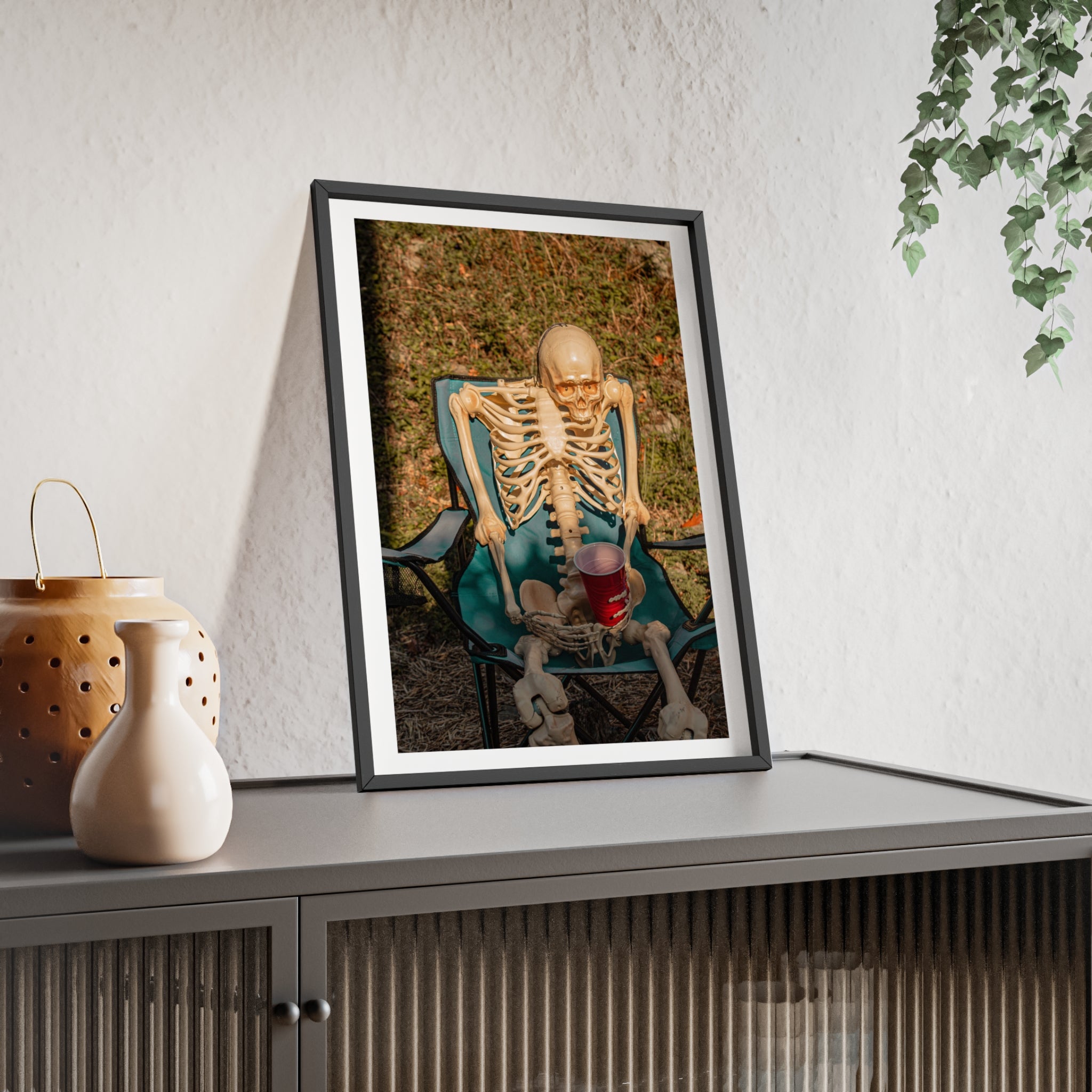 Skeleton Relaxing Poster with Wooden Frame — Funny Halloween Wall Art