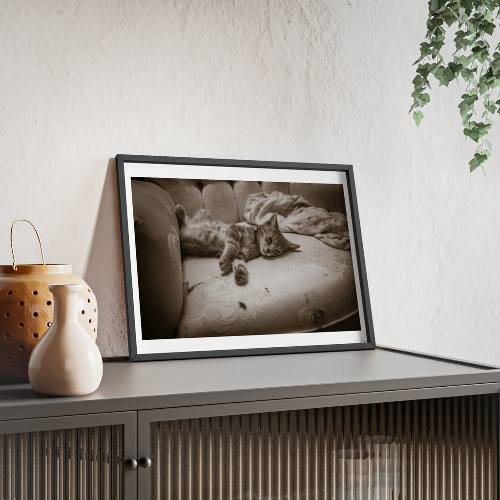 Sepia Cat Photo Poster with Wooden Frame — Vintage Wall Art for Cat Lovers