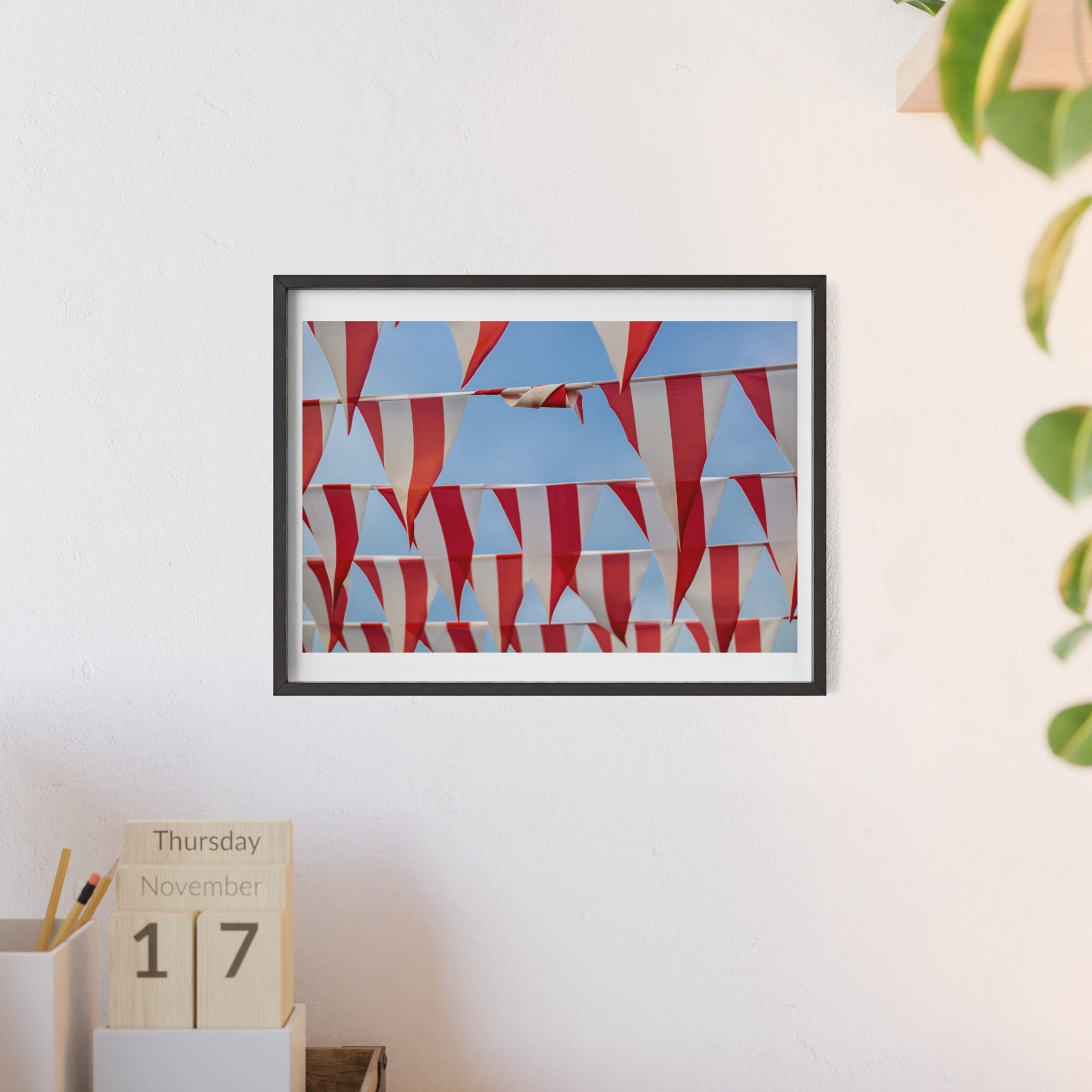 Red and White Festival Bunting Photo Poster with Wooden Frame — Coastal Nautical Wall Art