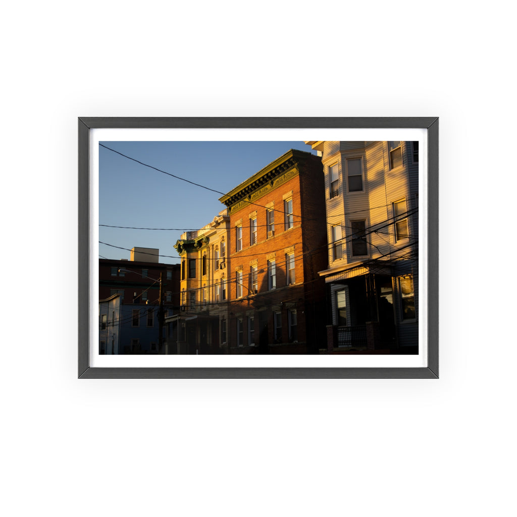 Framed Urban Rowhouse Print — Golden Hour City Street Wall Art Poster