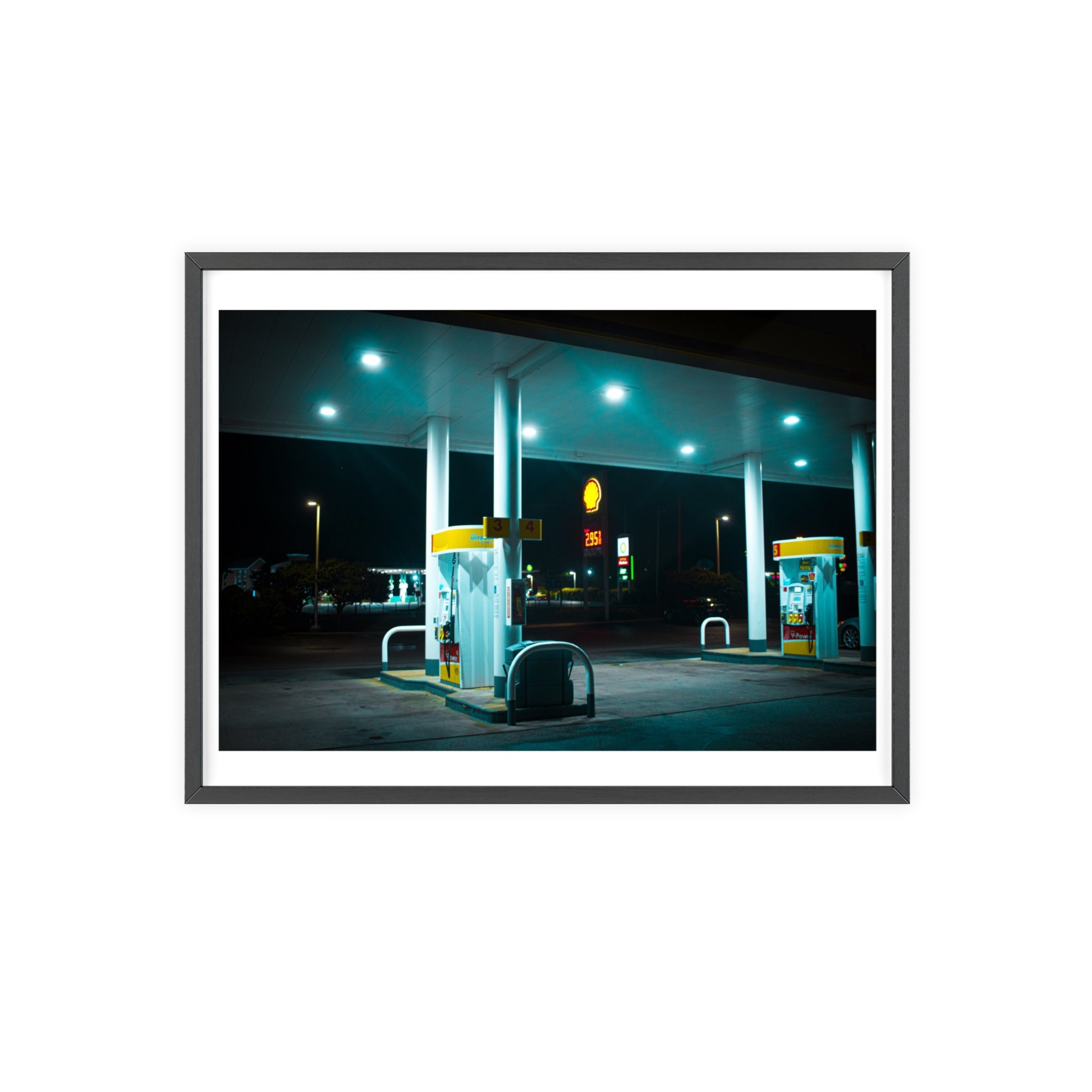 Framed Night Gas Station Poster — Moody Neon Metro Wall Art