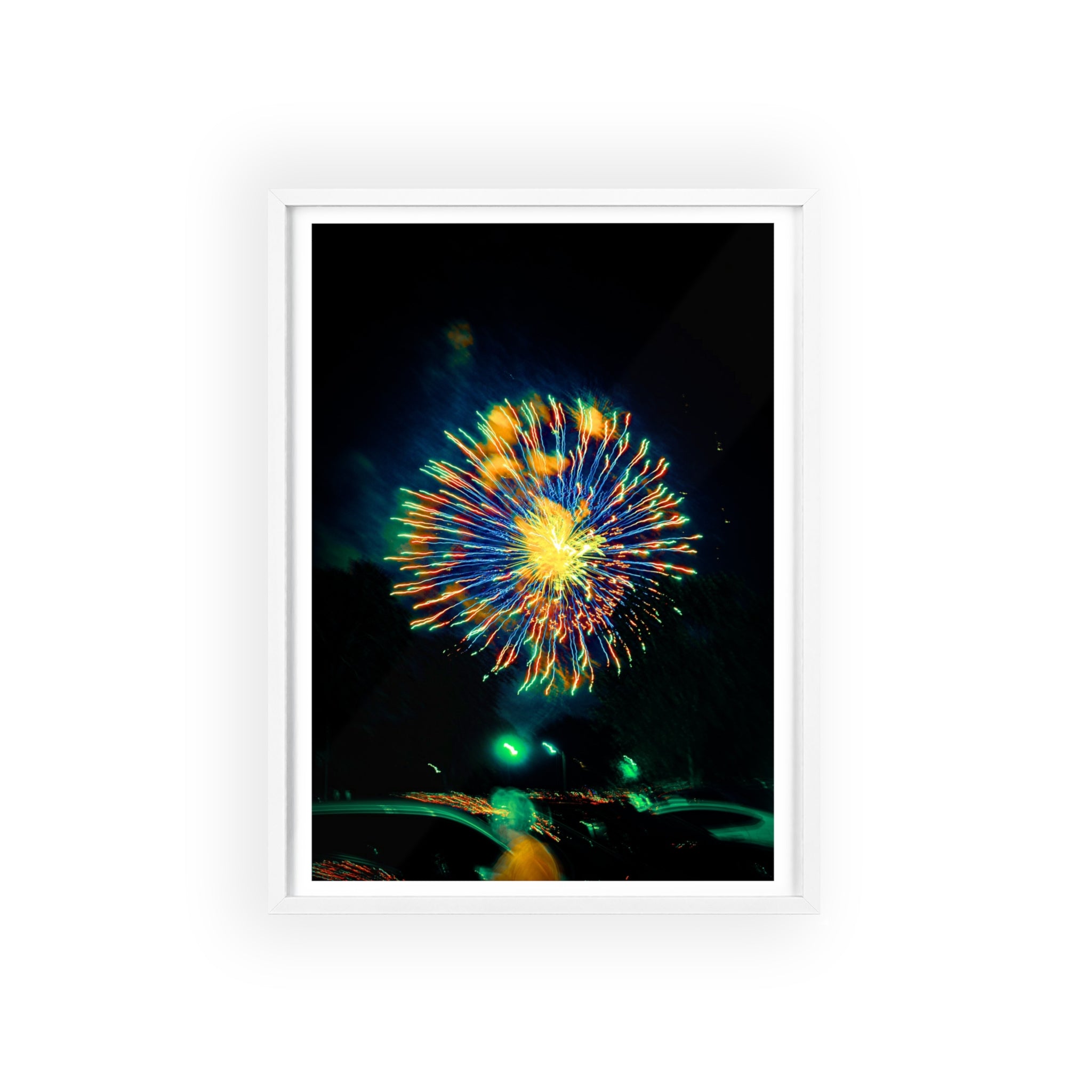 Framed Firework Art Print — Colorful Abstract Night Sky Poster with Wooden Frame