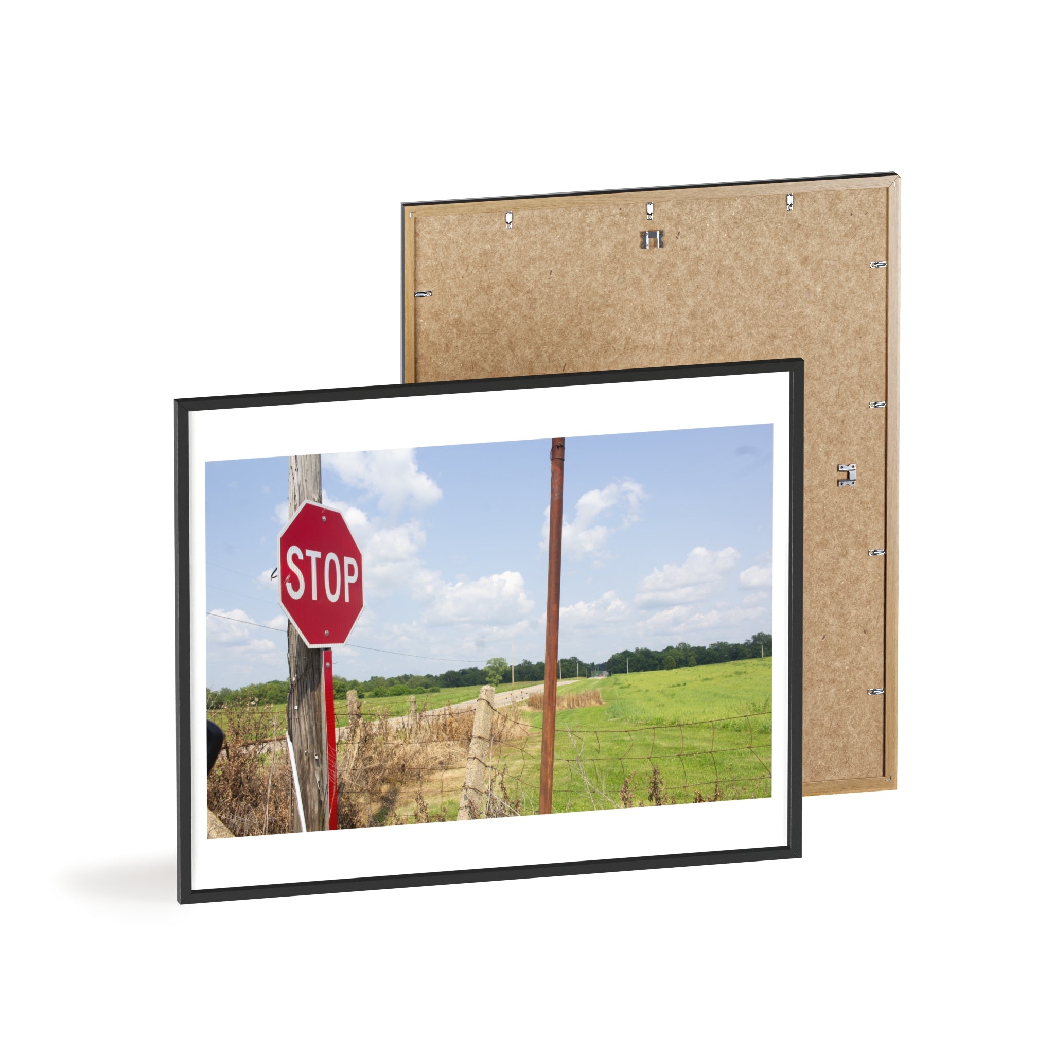 Framed Stop Sign Poster — Rustic Country Road Wall Art