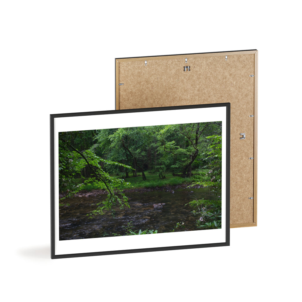 Framed Forest Stream Poster — Wooden Black Frame Nature Wall Art