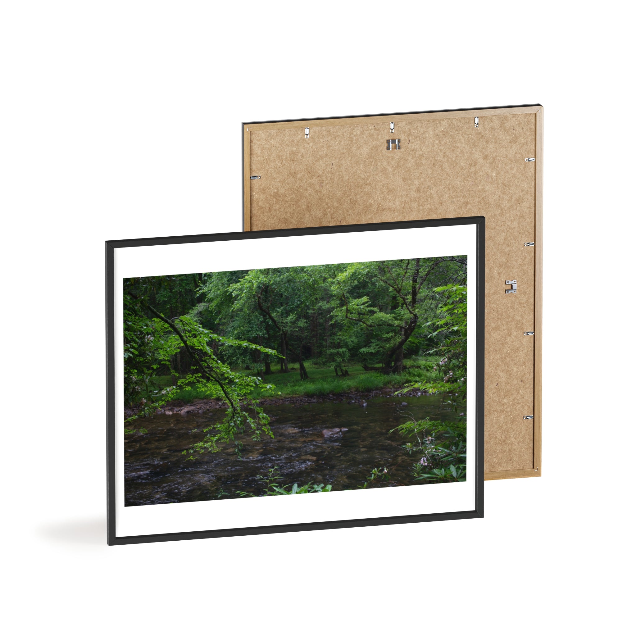 Framed Forest Stream Poster — Wooden Black Frame Nature Wall Art