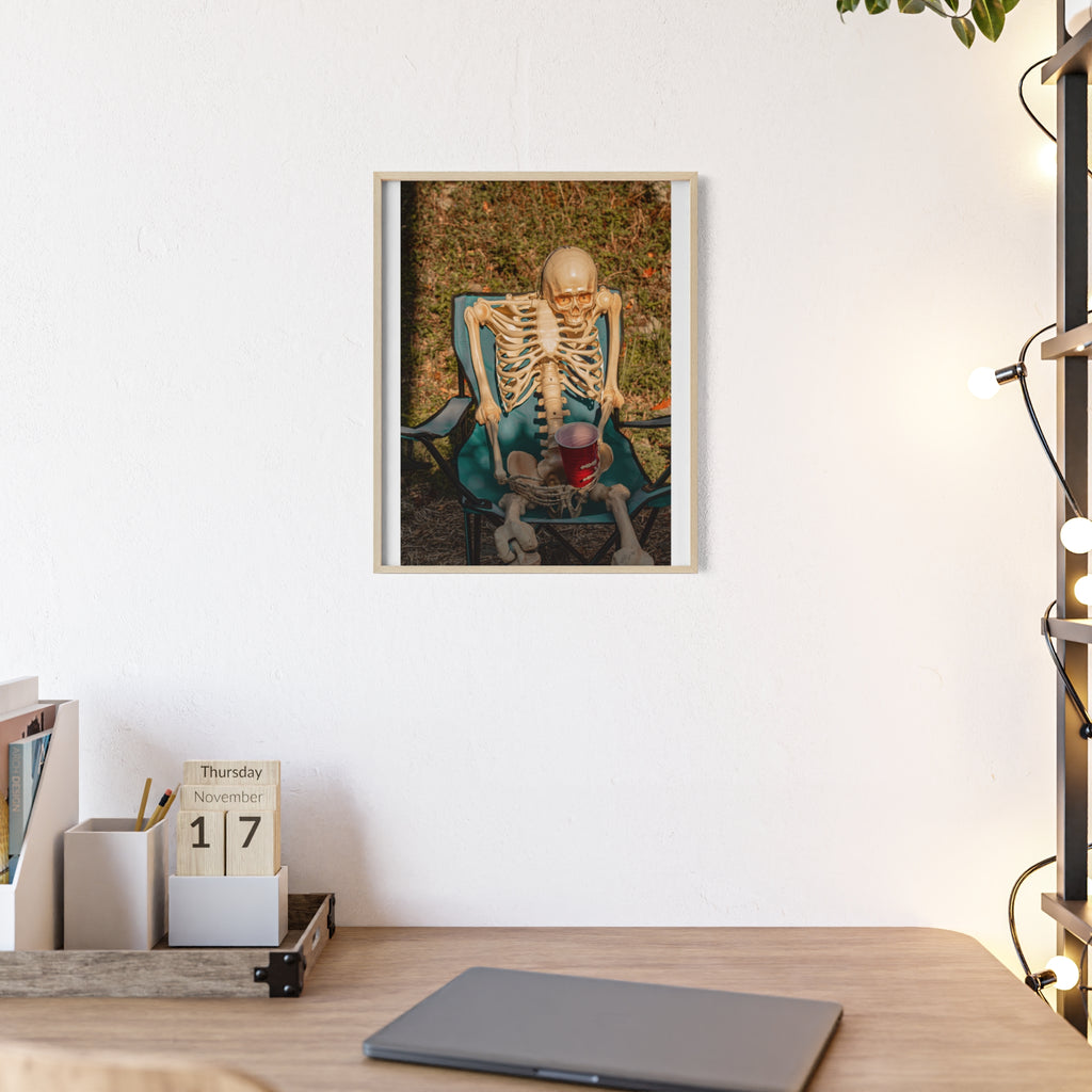 Skeleton Relaxing Poster with Wooden Frame — Funny Halloween Wall Art