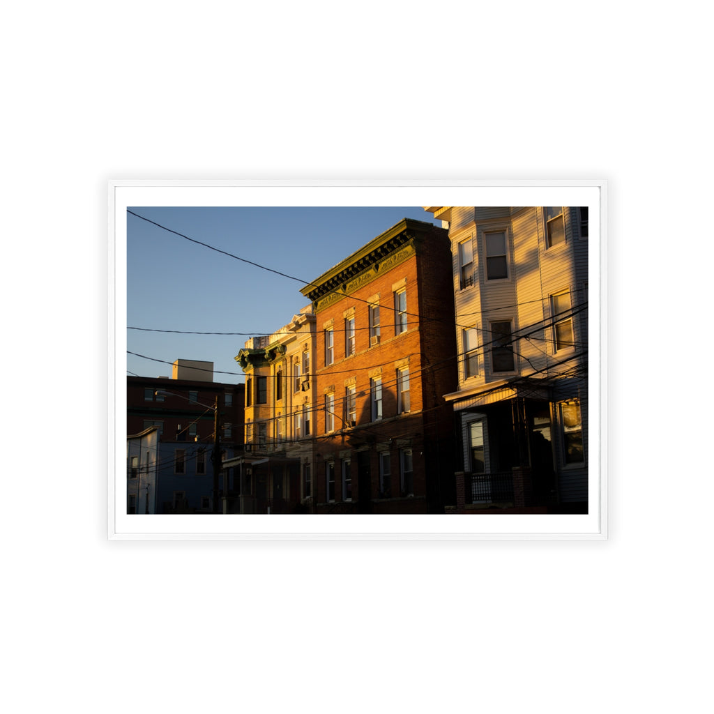 Framed Urban Rowhouse Print — Golden Hour City Street Wall Art Poster