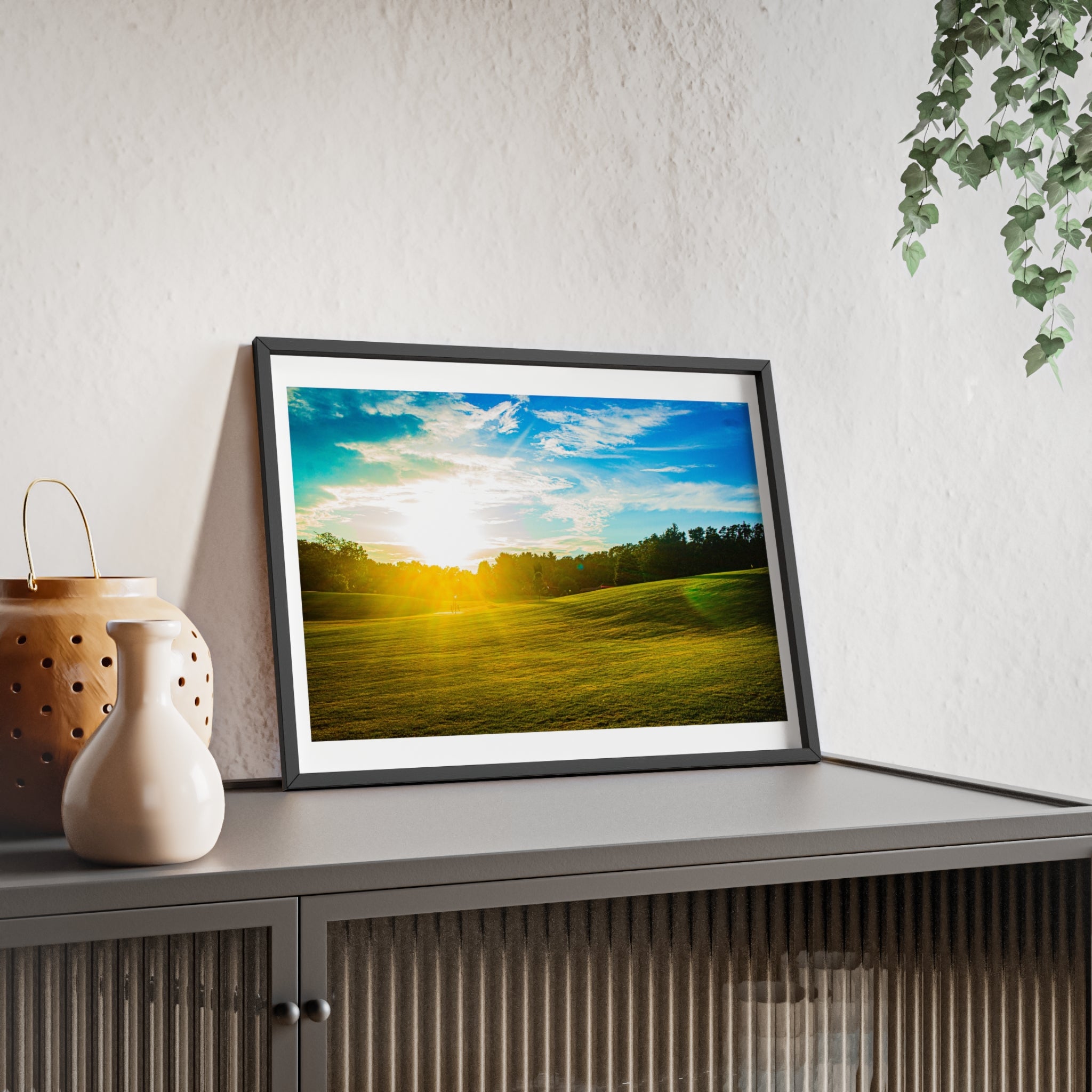 Sunlit Meadow Poster with Wooden Frame — Landscape Wall Art Print