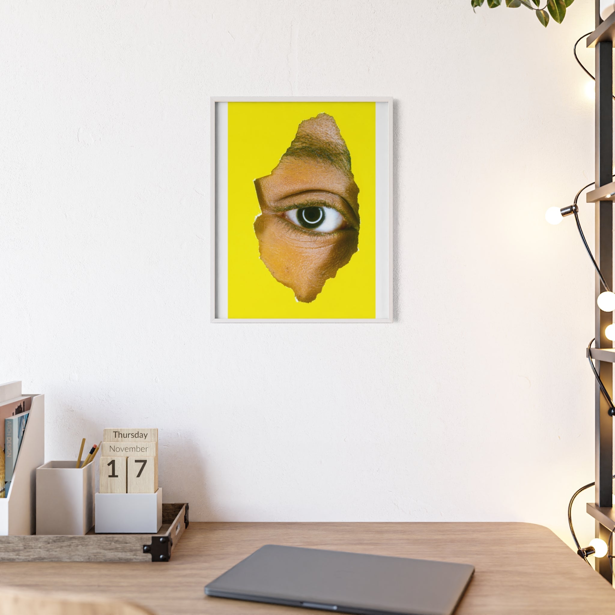 Surreal Eye Print Poster with Wooden Frame — Bold Yellow Wall Art