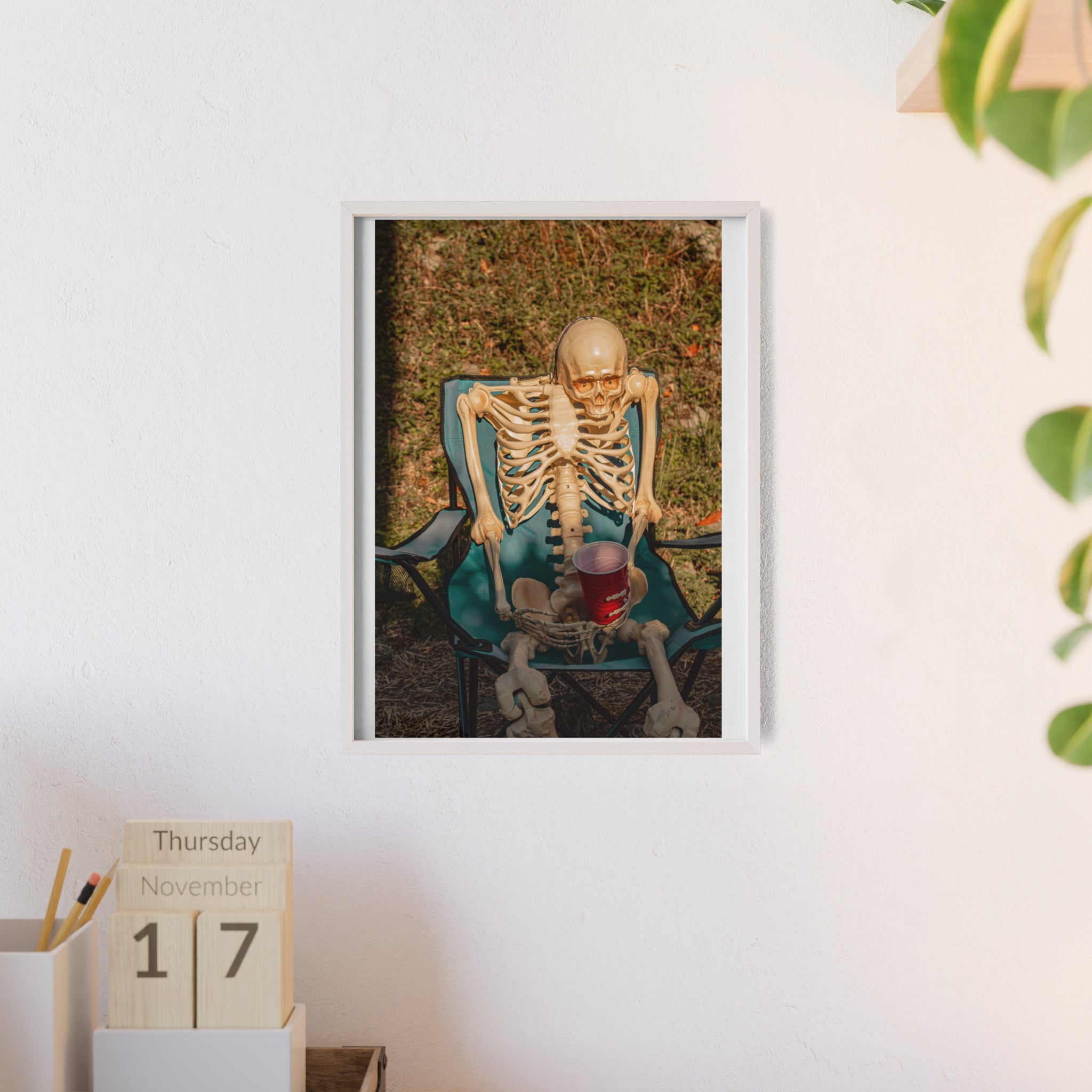 Skeleton Relaxing Poster with Wooden Frame — Funny Halloween Wall Art
