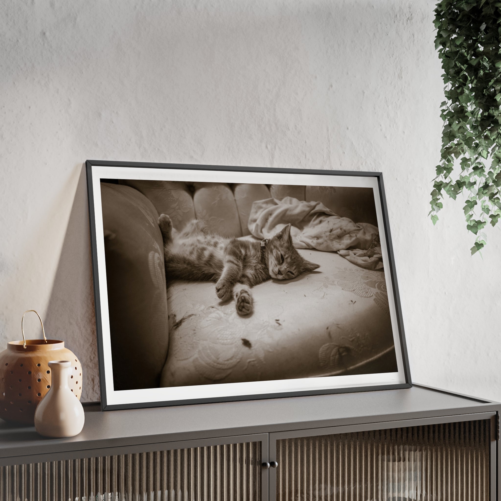 Sepia Cat Photo Poster with Wooden Frame — Vintage Wall Art for Cat Lovers