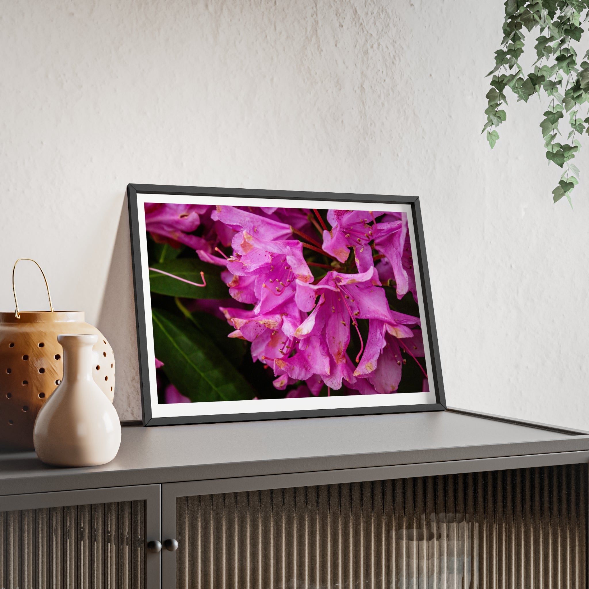 Framed Pink Rhododendron Poster — Floral Wall Art with Wooden Frame