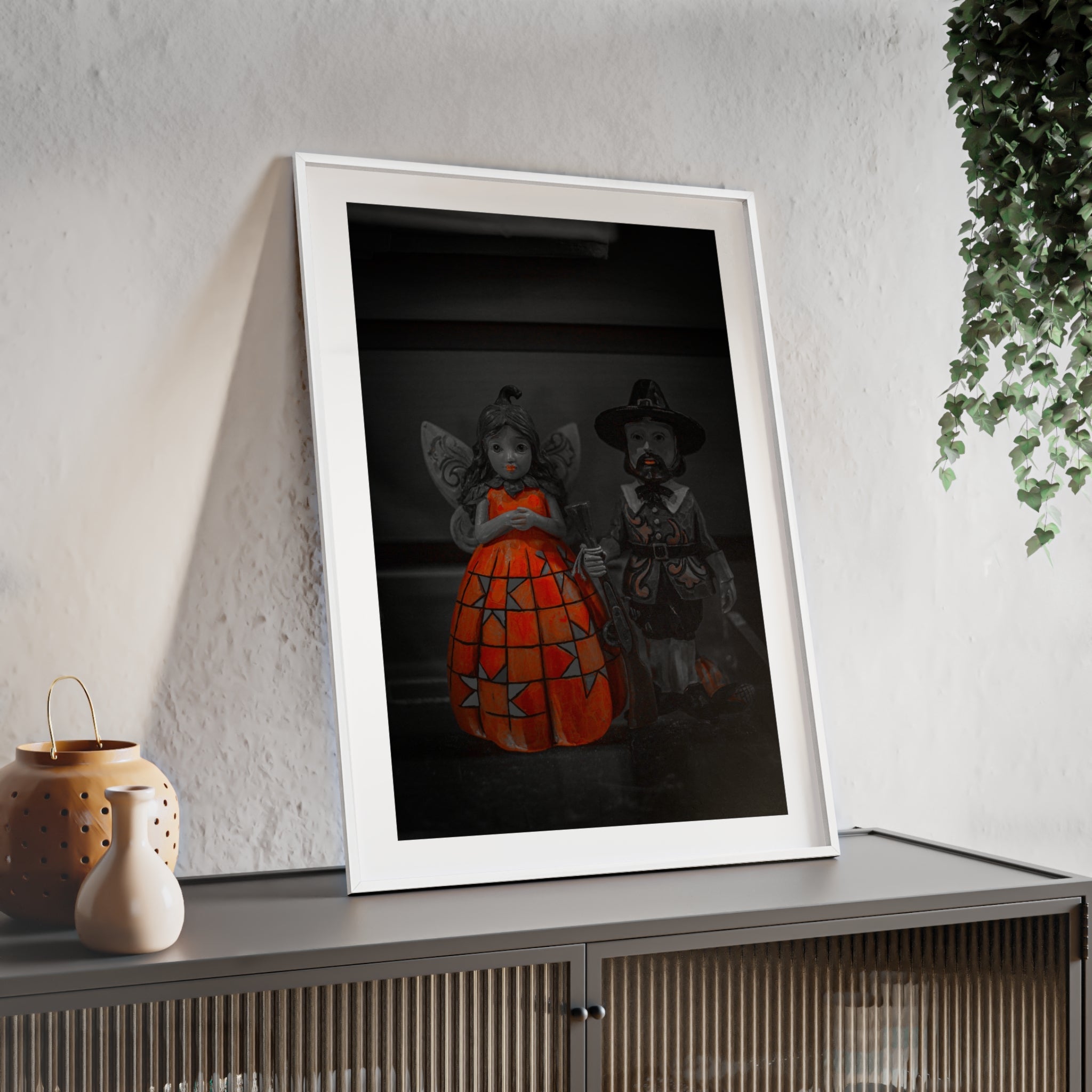 Halloween Doll Poster with Wooden Frame — Orange Pumpkin Dress Décor