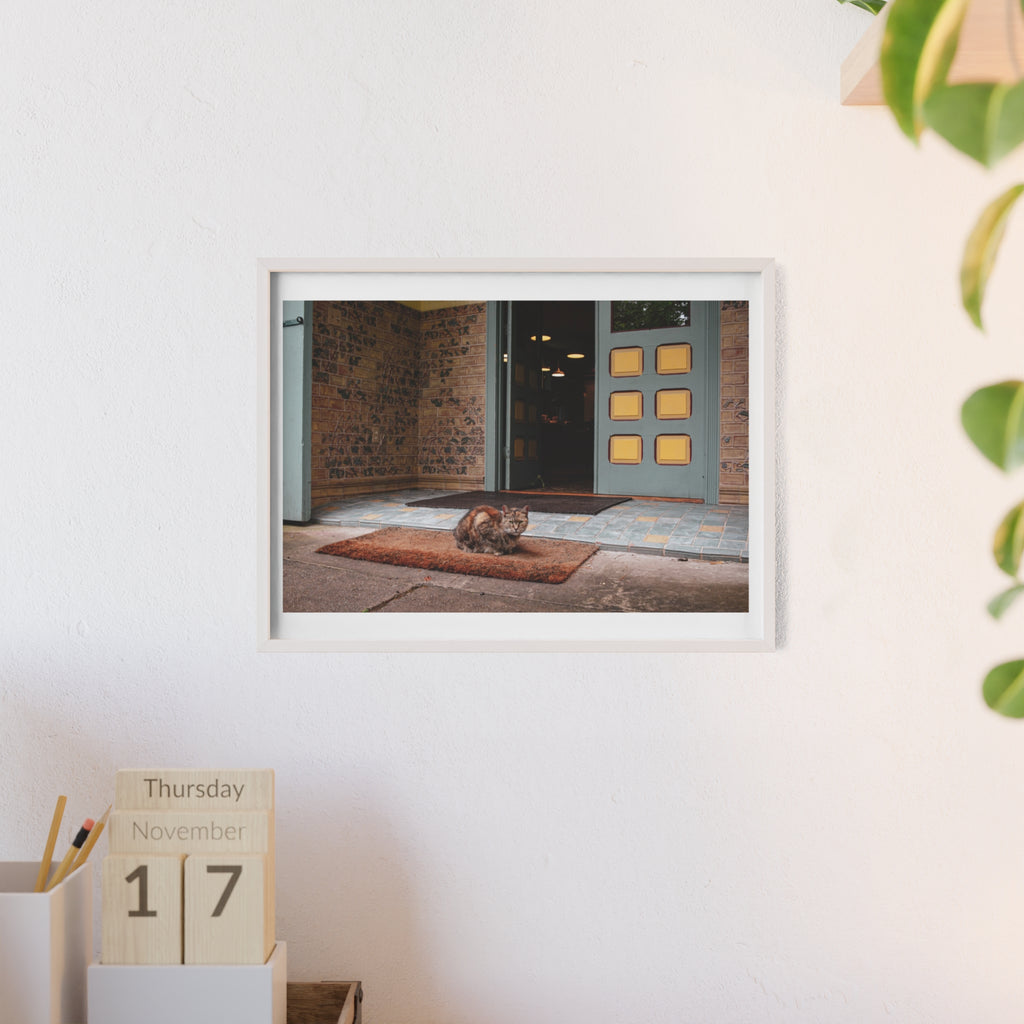 Framed Cat Doorstep Poster — Cozy Urban Entryway Wall Art