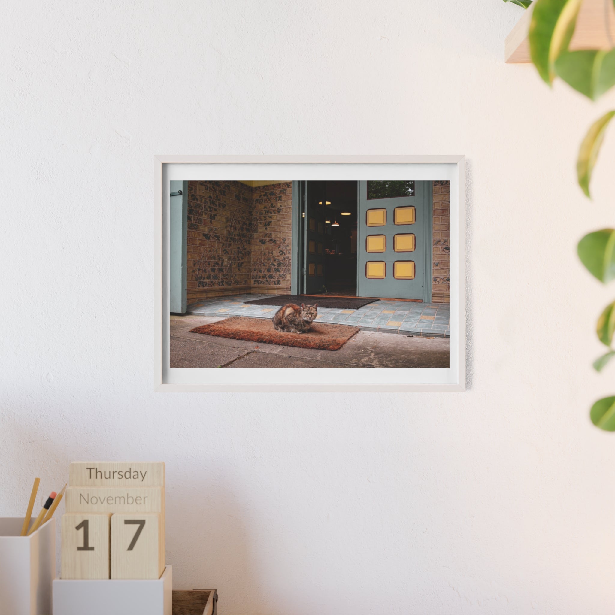 Framed Cat Doorstep Poster — Cozy Urban Entryway Wall Art