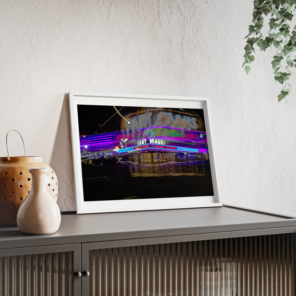 Neon Night Cinema Poster with Wooden Frame