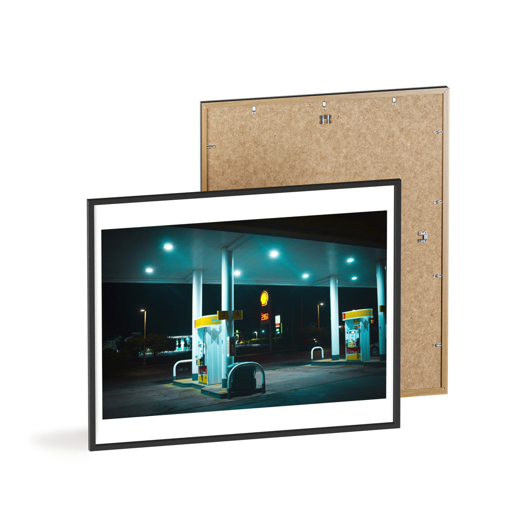 Framed Night Gas Station Poster — Moody Neon Metro Wall Art