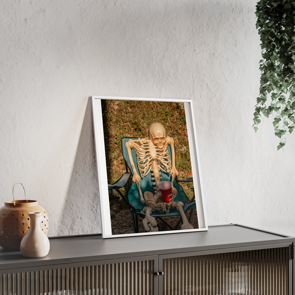 Skeleton Relaxing Poster with Wooden Frame — Funny Halloween Wall Art