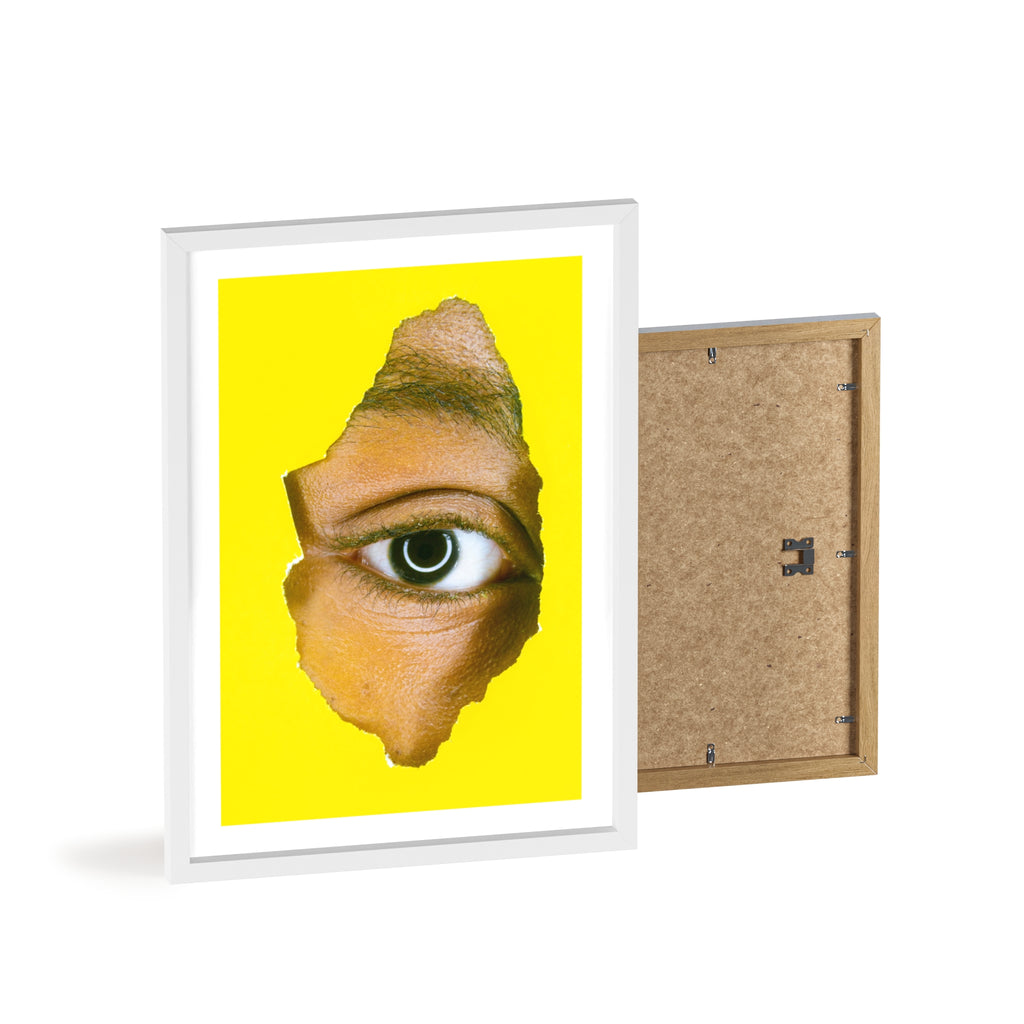 Surreal Eye Print Poster with Wooden Frame — Bold Yellow Wall Art