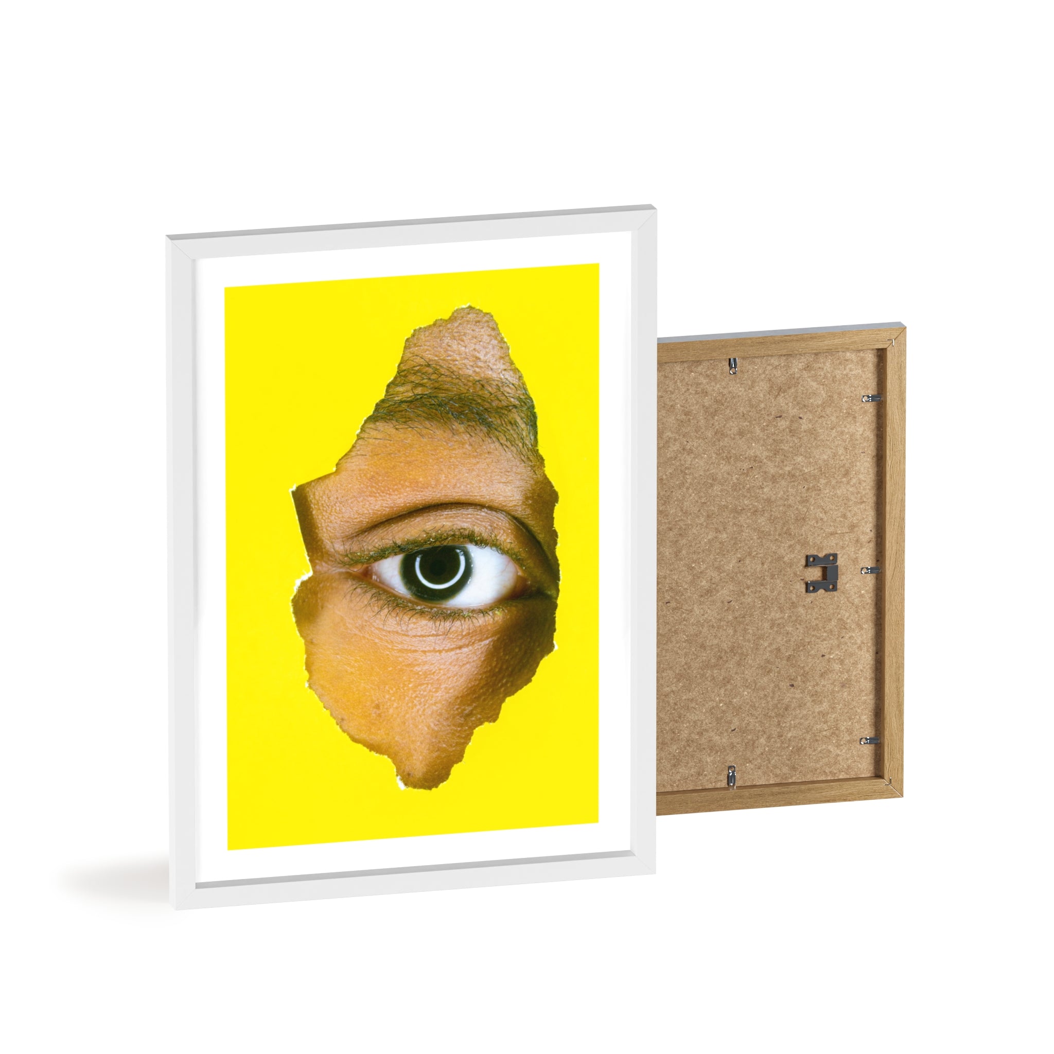 Surreal Eye Print Poster with Wooden Frame — Bold Yellow Wall Art