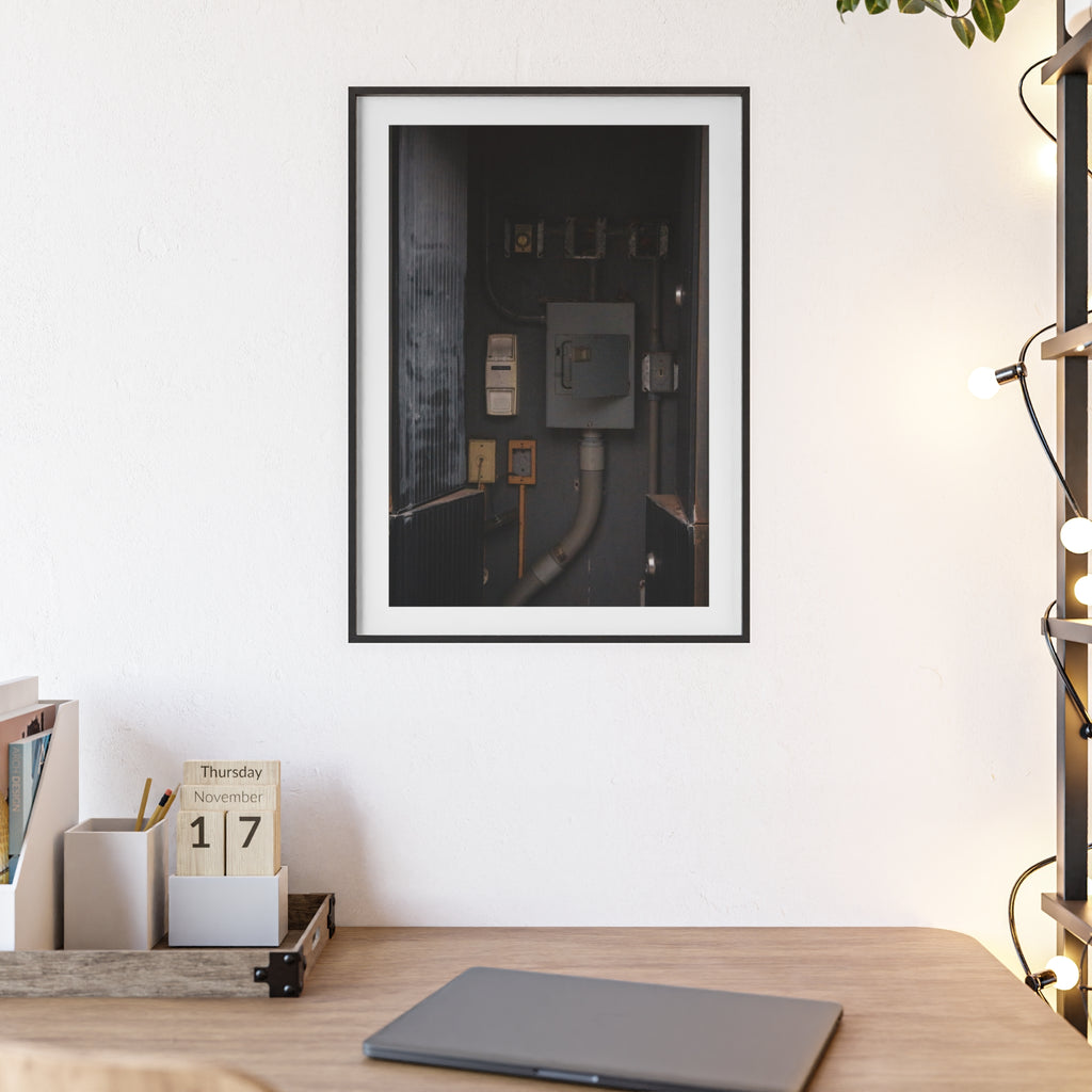 Industrial Electrical Box Poster with Wooden Frame — Urban Utility Wall Art