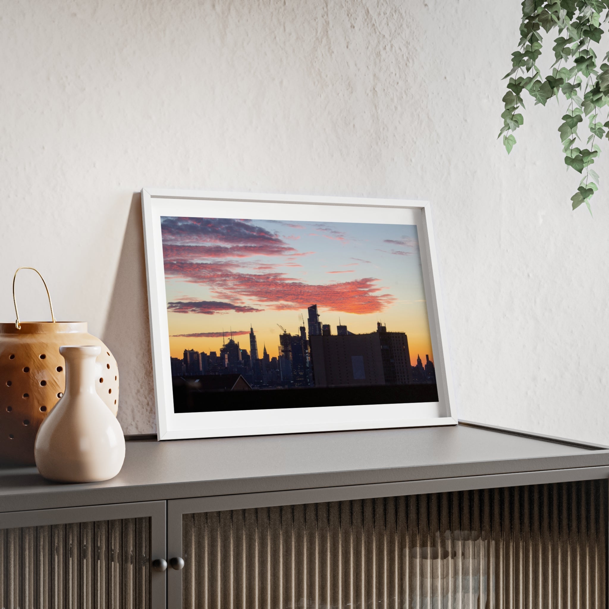 Framed City Skyline Poster — Sunset Urban Wall Art with Wooden Frame