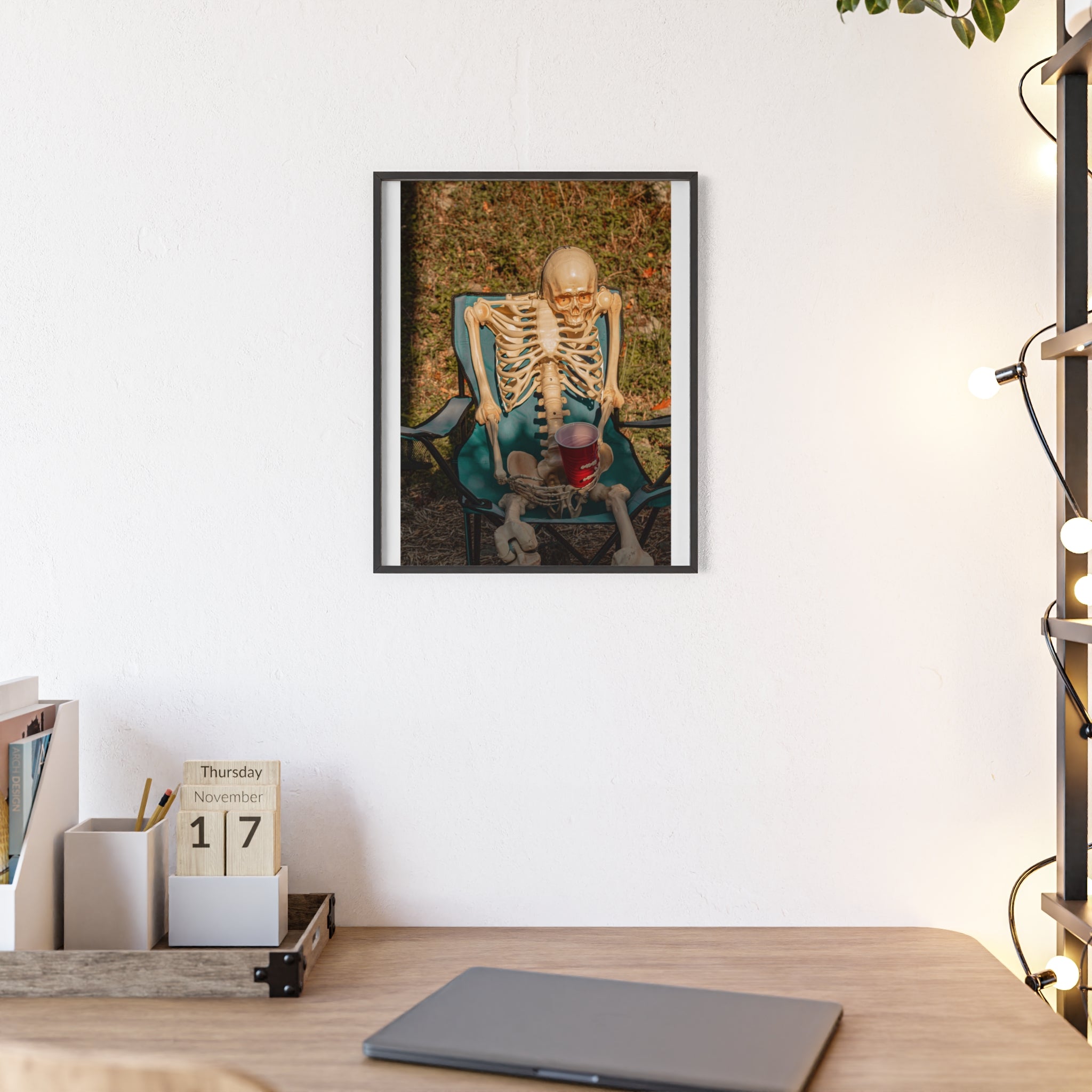 Skeleton Relaxing Poster with Wooden Frame — Funny Halloween Wall Art