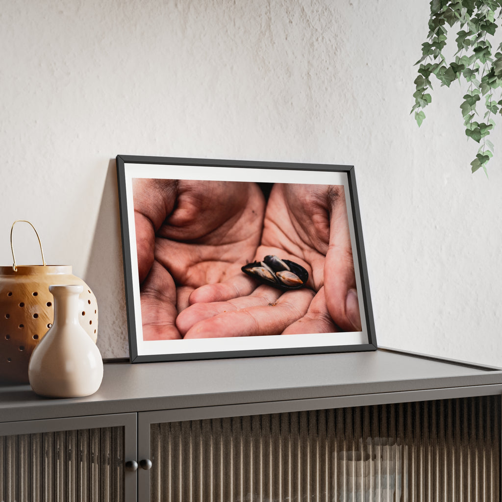 Framed Hands & Shells Art Print — Rustic Botanical Wall Poster