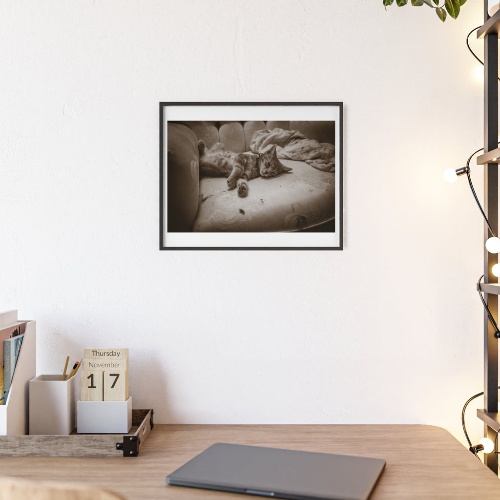 Sepia Cat Photo Poster with Wooden Frame — Vintage Wall Art for Cat Lovers