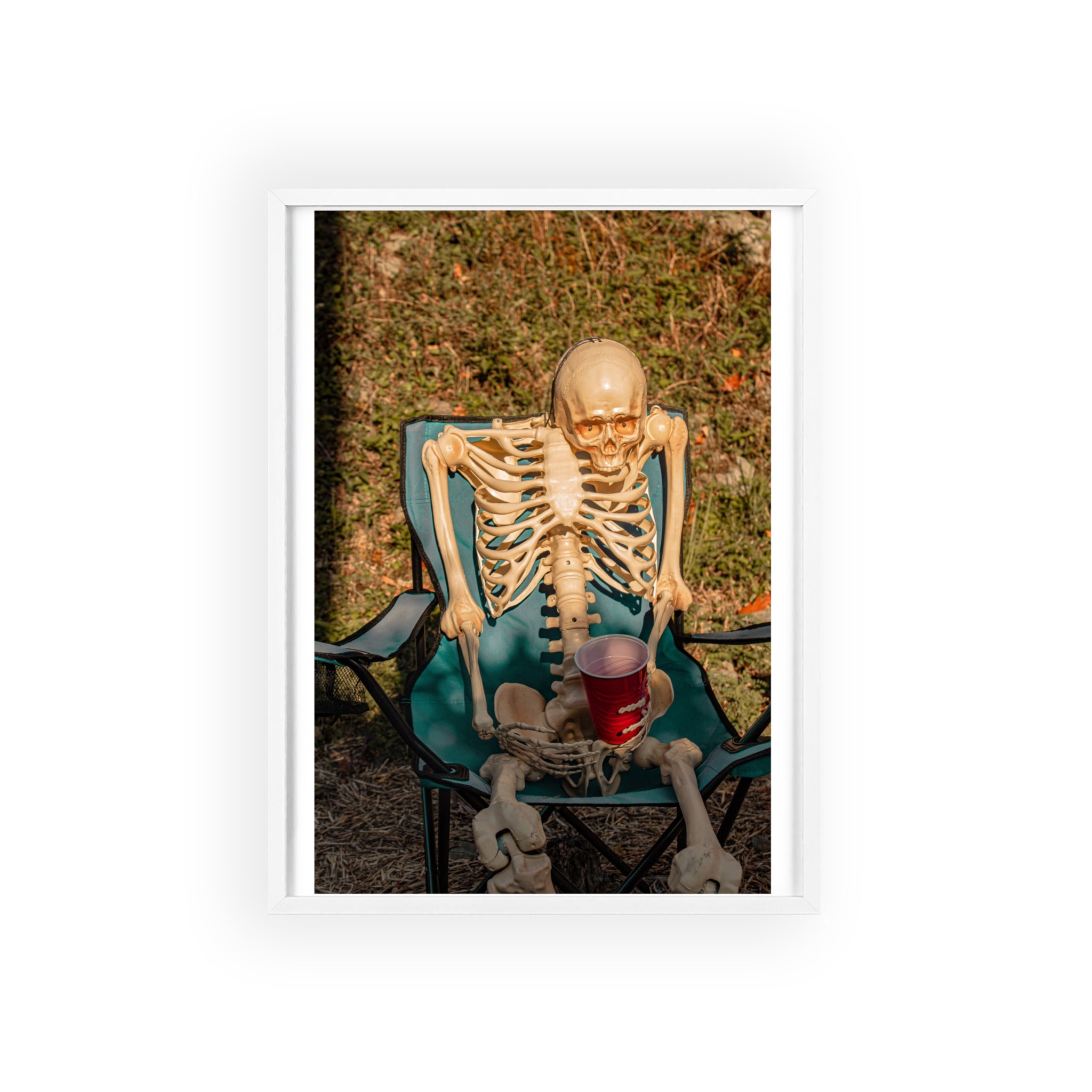 Skeleton Relaxing Poster with Wooden Frame — Funny Halloween Wall Art