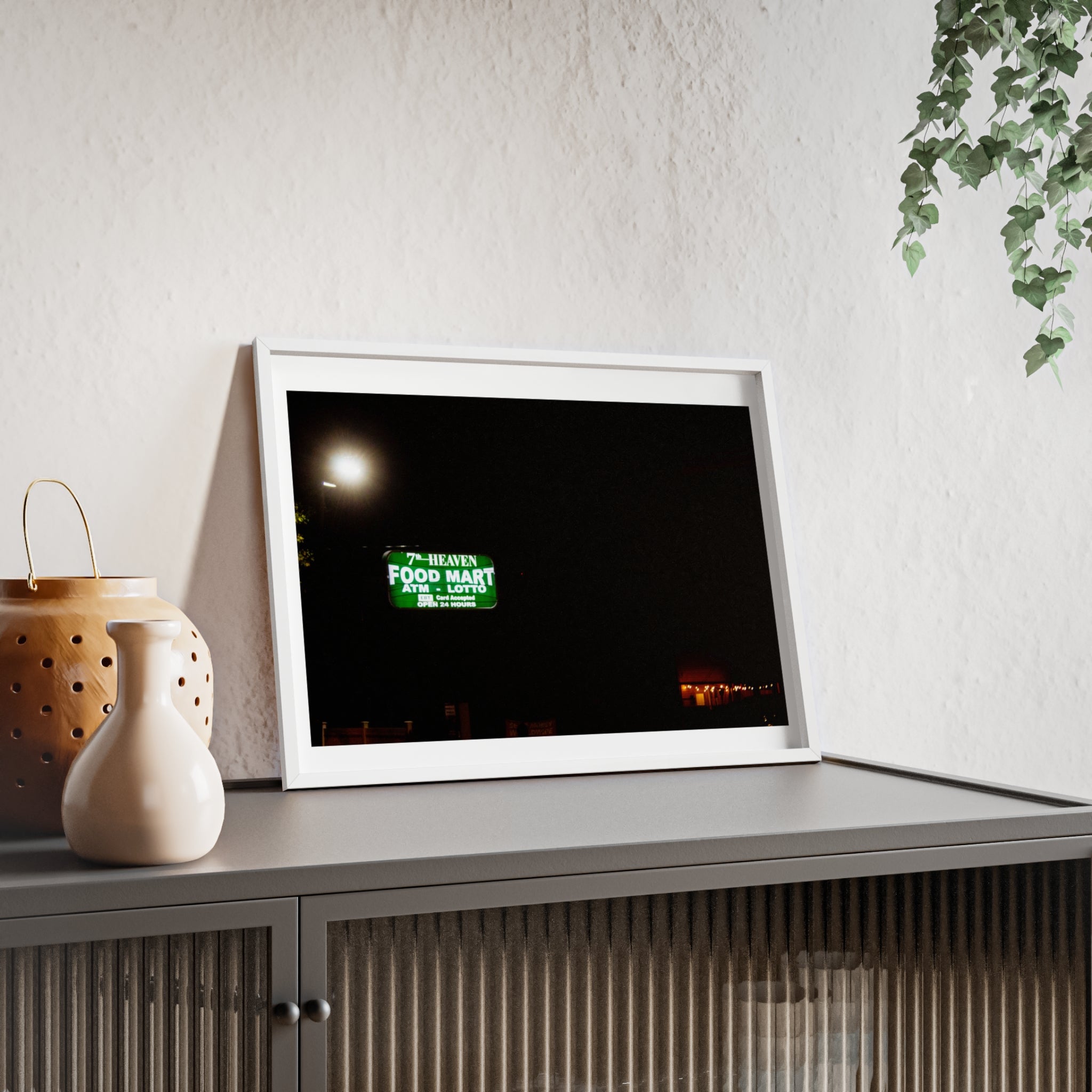 Framed Night Market Photo Print — 'Food Mart' Neon Sign Poster