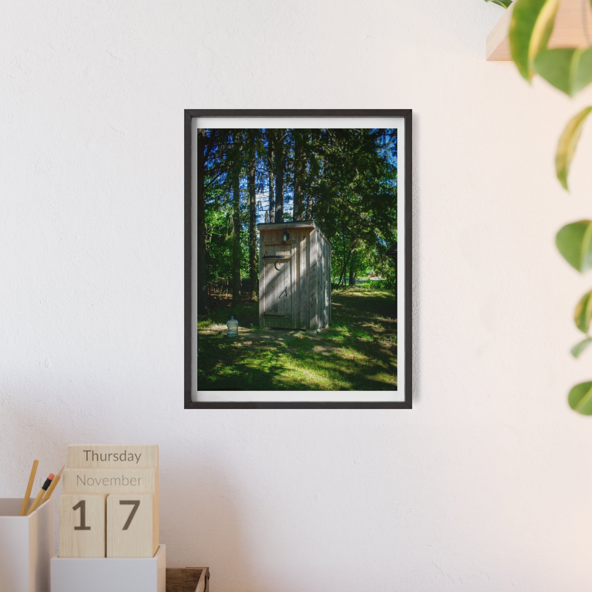 Rustic Forest Outhouse Photo Poster with Wooden Frame — Country Cabin Wall Art