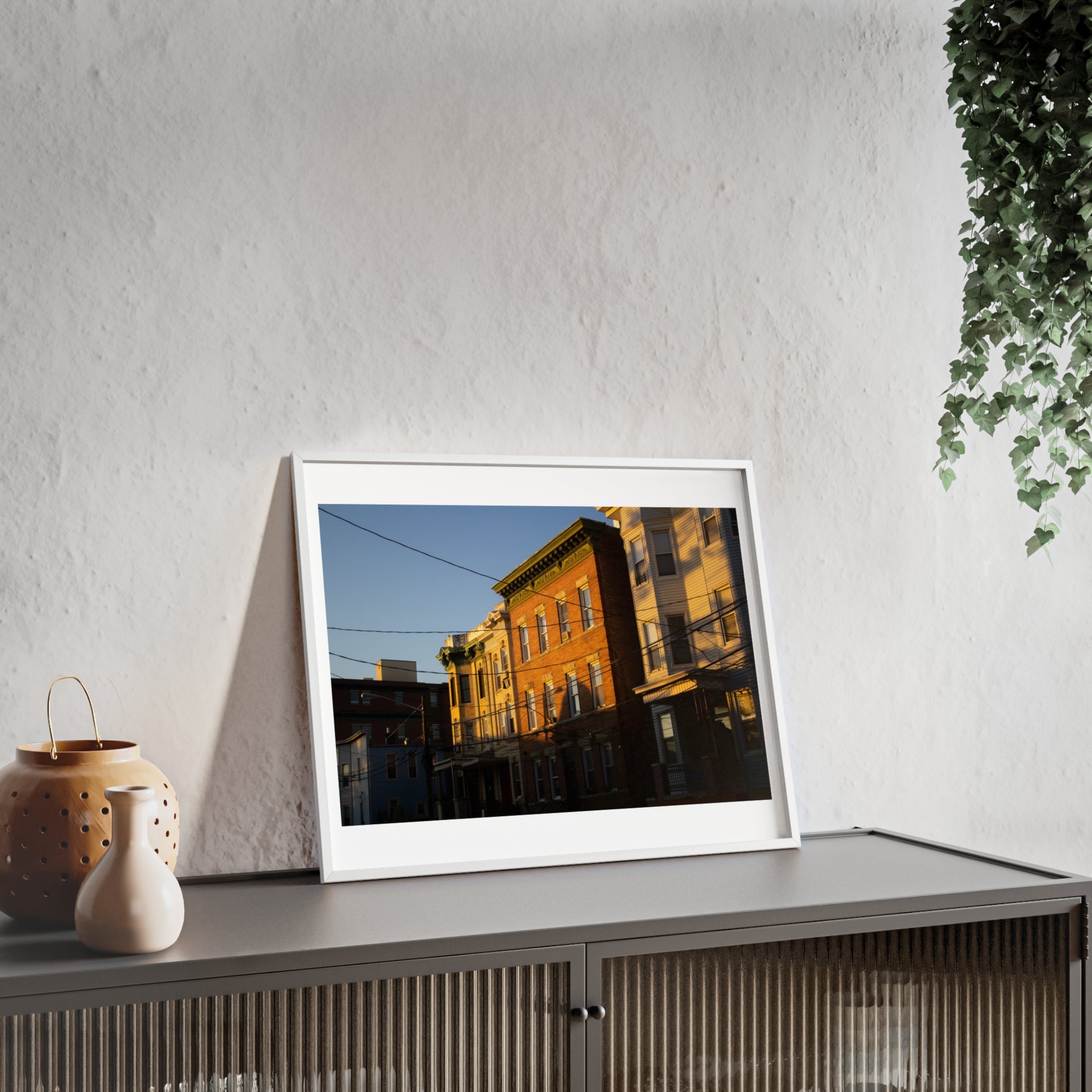 Framed Urban Rowhouse Print — Golden Hour City Street Wall Art Poster
