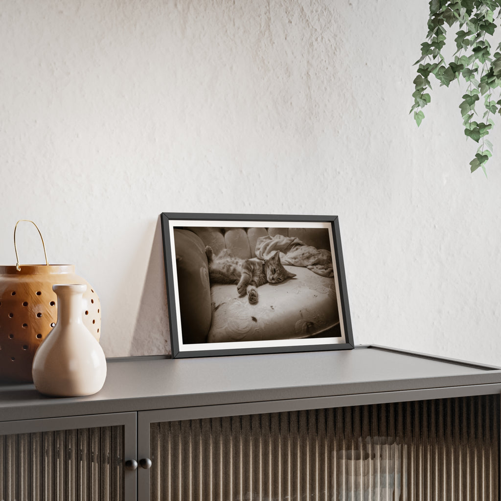 Sepia Cat Photo Poster with Wooden Frame — Vintage Wall Art for Cat Lovers
